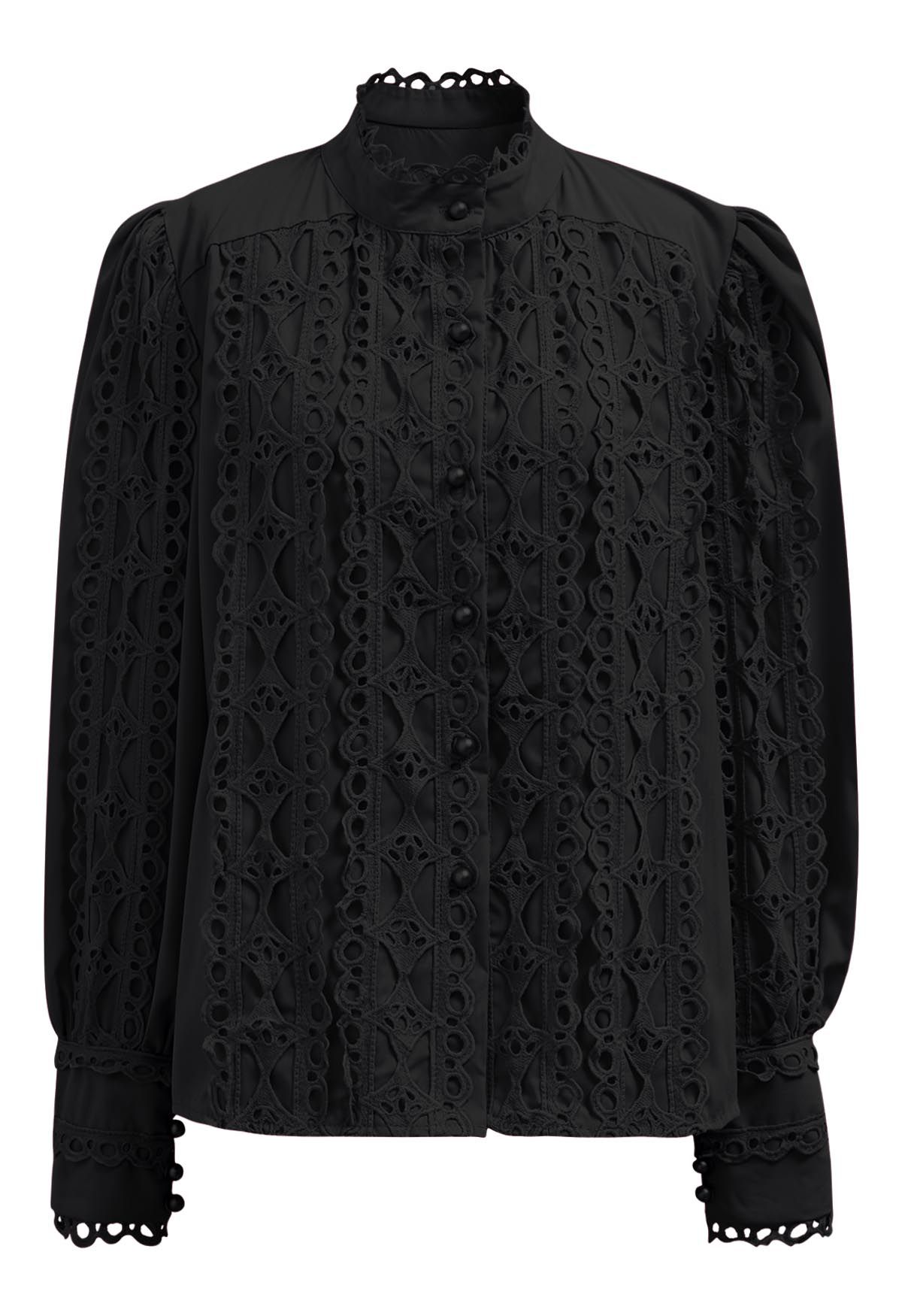 Exquisite Cutwork Bubble Sleeves Button-Up Shirt in Black - Retro ...