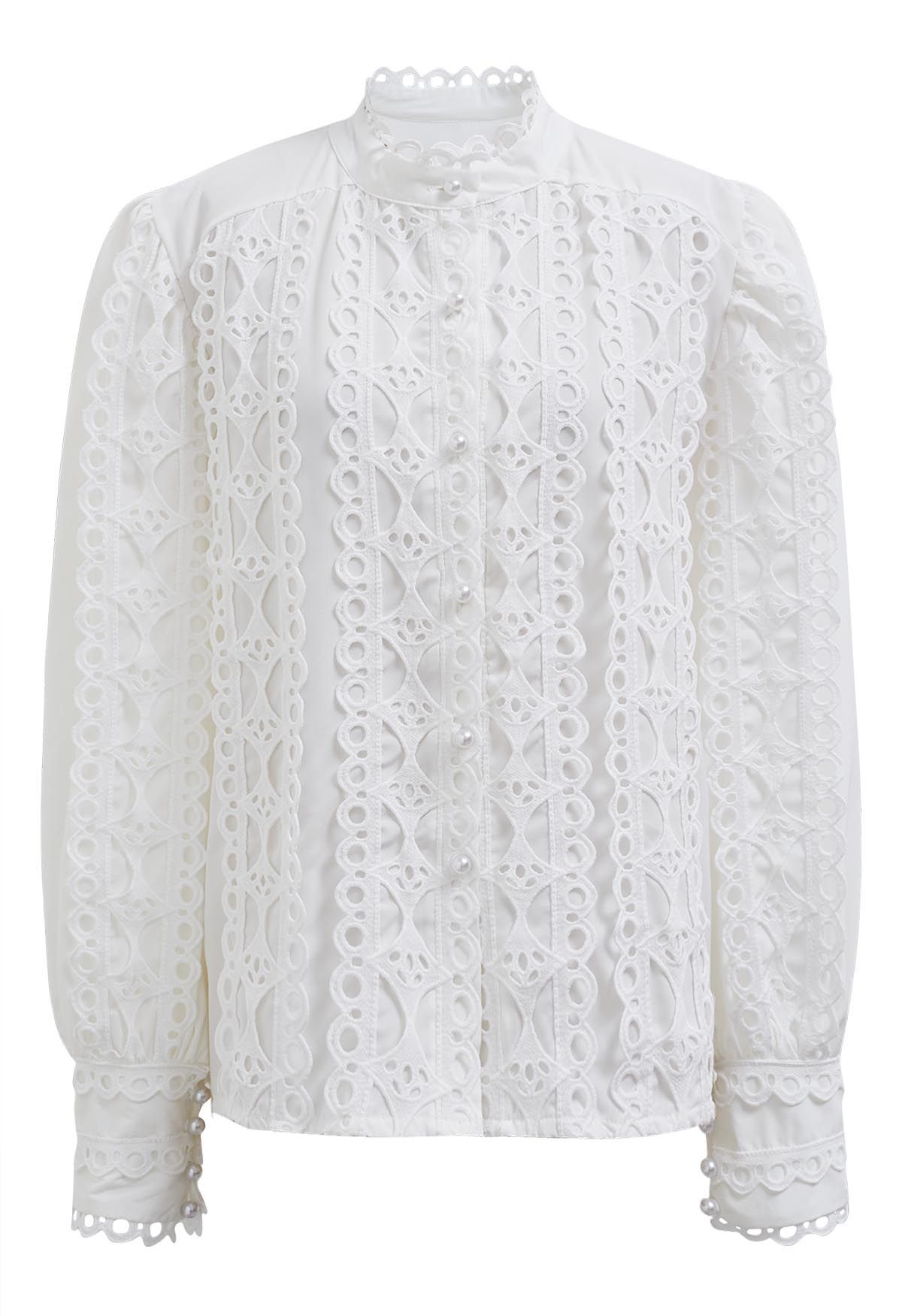 Exquisite Cutwork Bubble Sleeves Button-Up Shirt in White - Retro ...