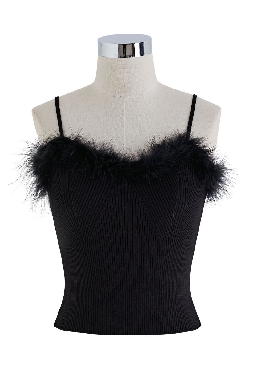 Feather Trim Cami Top and Sweater Sleeve Set in Black - Retro