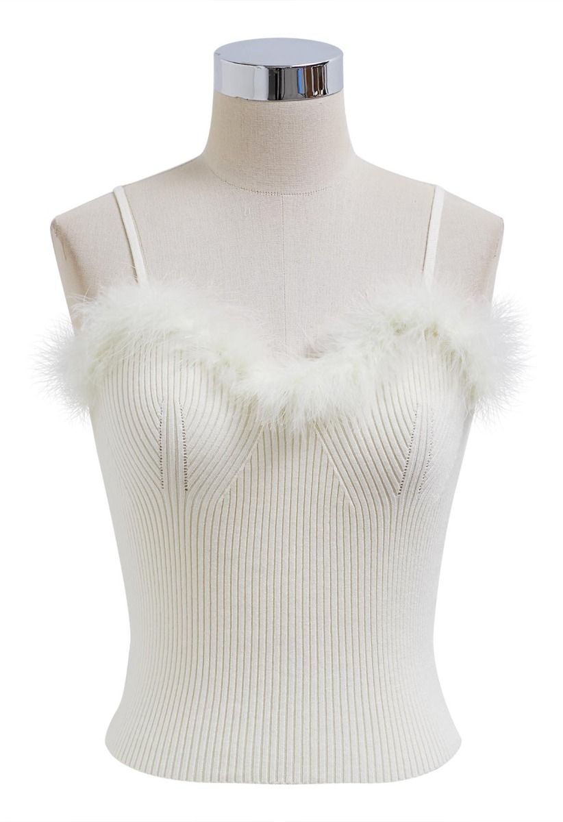 Feather Trim Cami Top and Sweater Sleeve Set in Sand