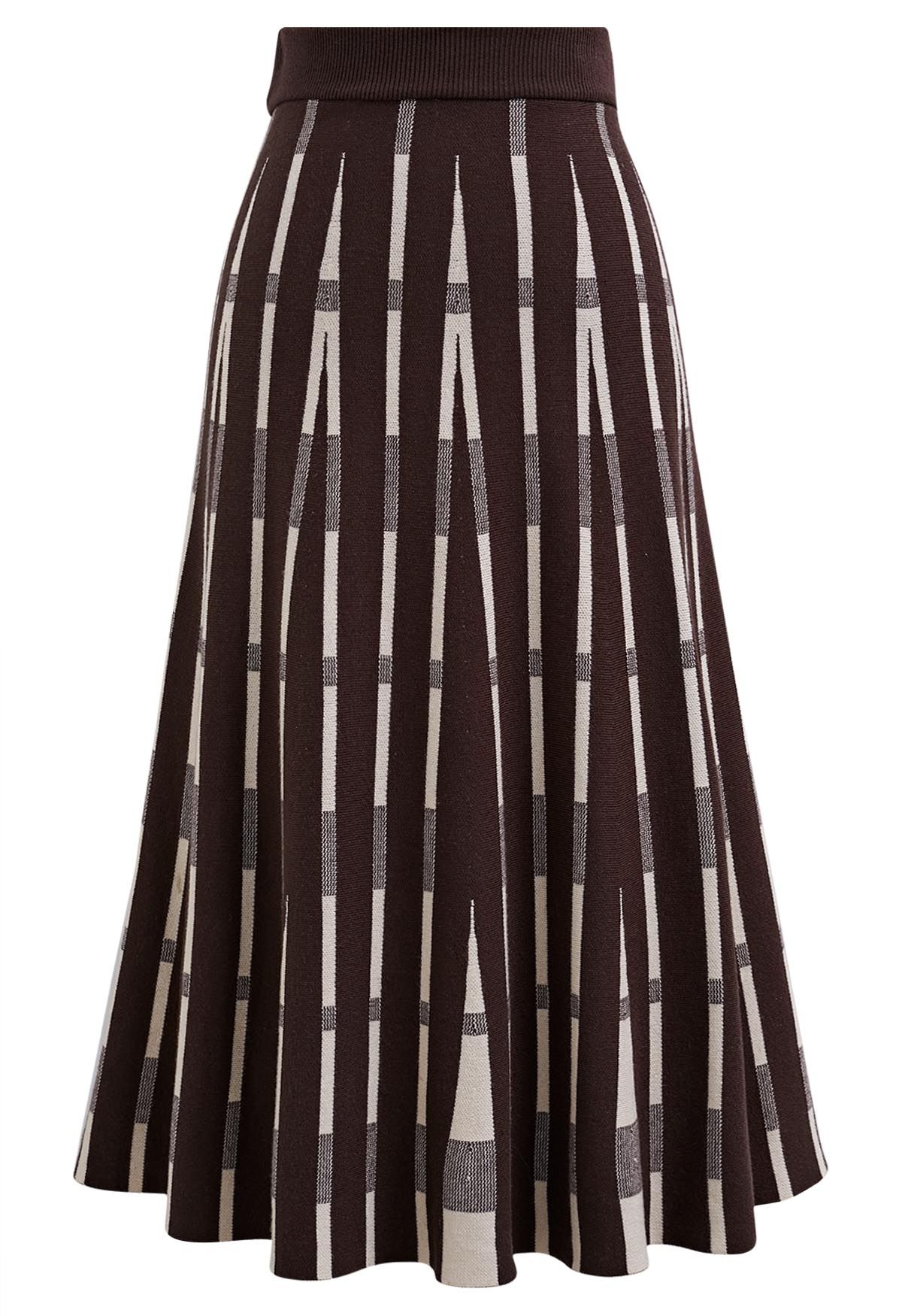 Trendsetting Striped Knit Midi Skirt in Brown