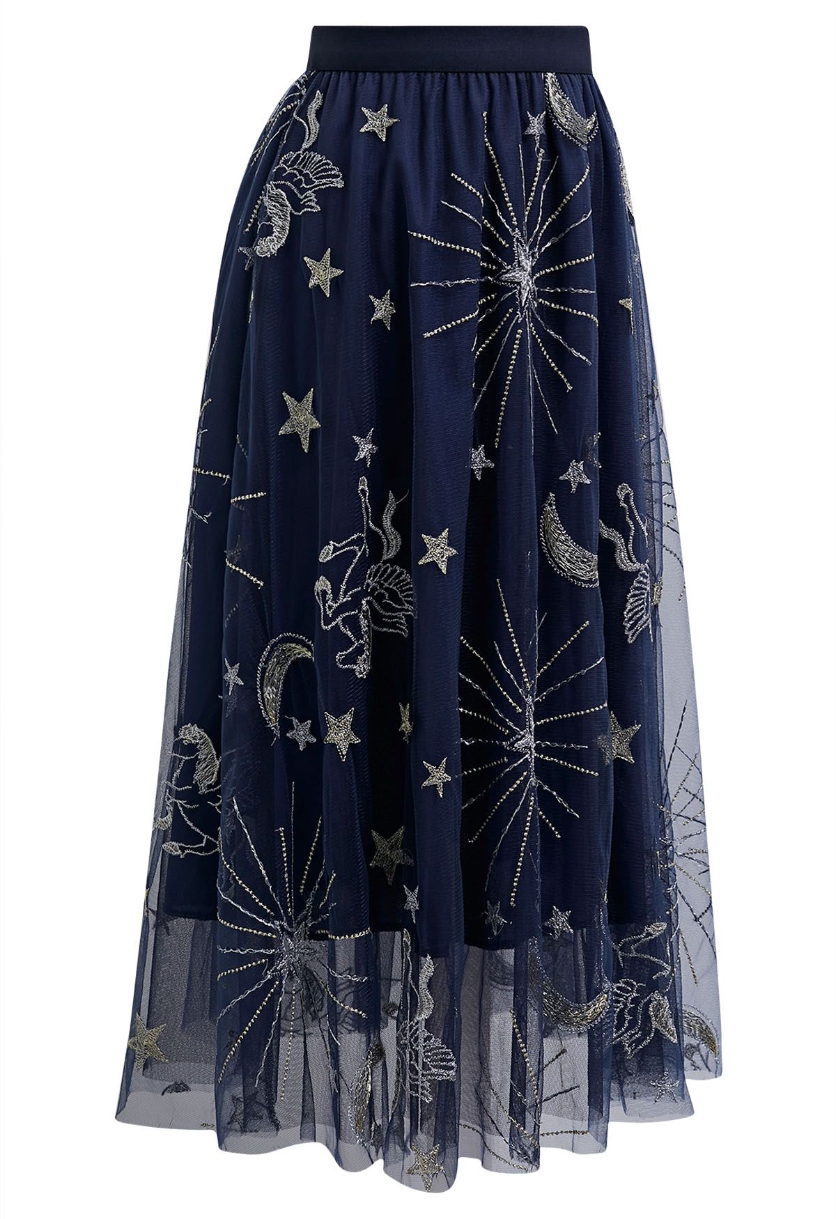 Mysterious Night Moon and Star Embroidered Mesh Tulle Skirt in Navy ...