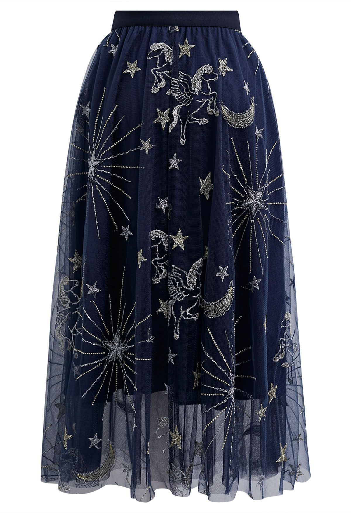 Mysterious Night Moon and Star Embroidered Mesh Tulle Skirt in Navy