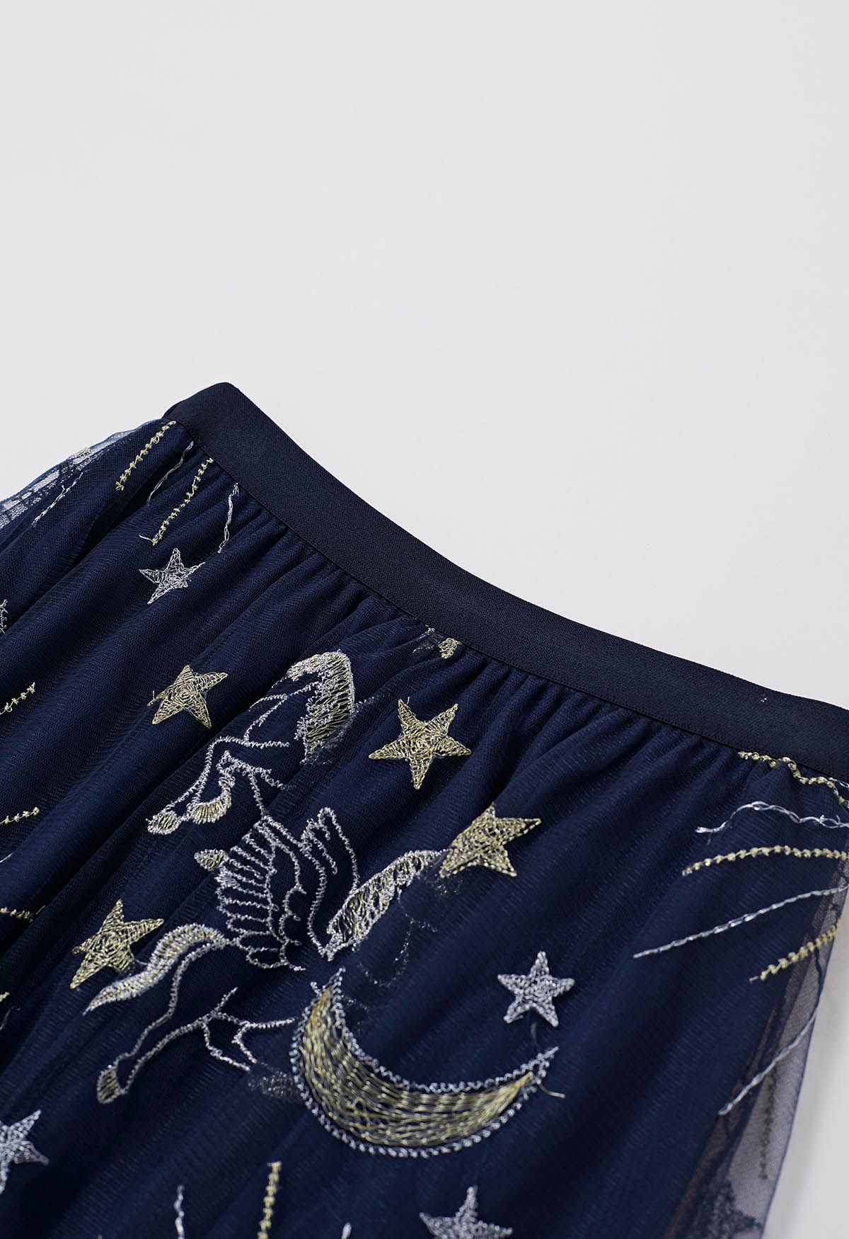 Mysterious Night Moon and Star Embroidered Mesh Tulle Skirt in Navy