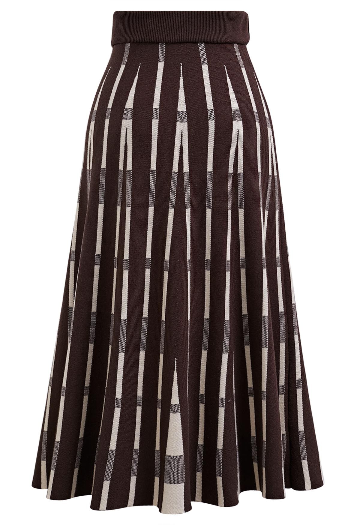 Trendsetting Striped Knit Midi Skirt in Brown