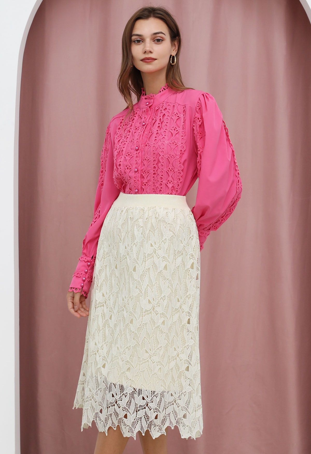 Cutwork Lace Overlay Knit Midi Skirt in Cream - Retro, Indie and Unique  Fashion