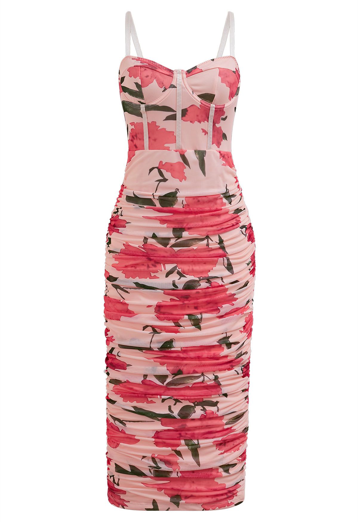 Pink Floral Ruched Mesh Cami Dress - Retro, Indie and Unique Fashion