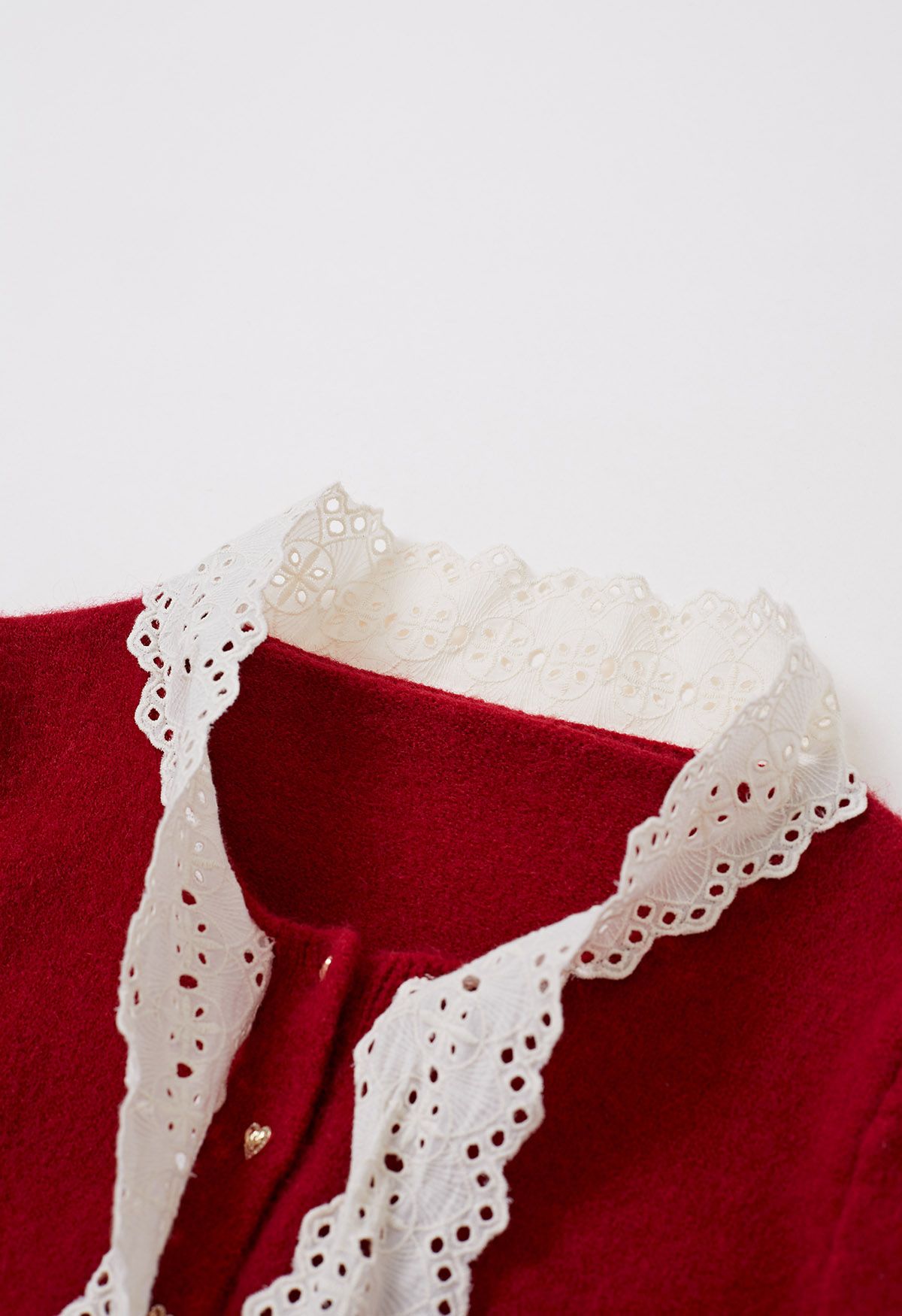Embroidered Eyelet Bowknot Heart Button Fuzzy Knit Cardigan in Red