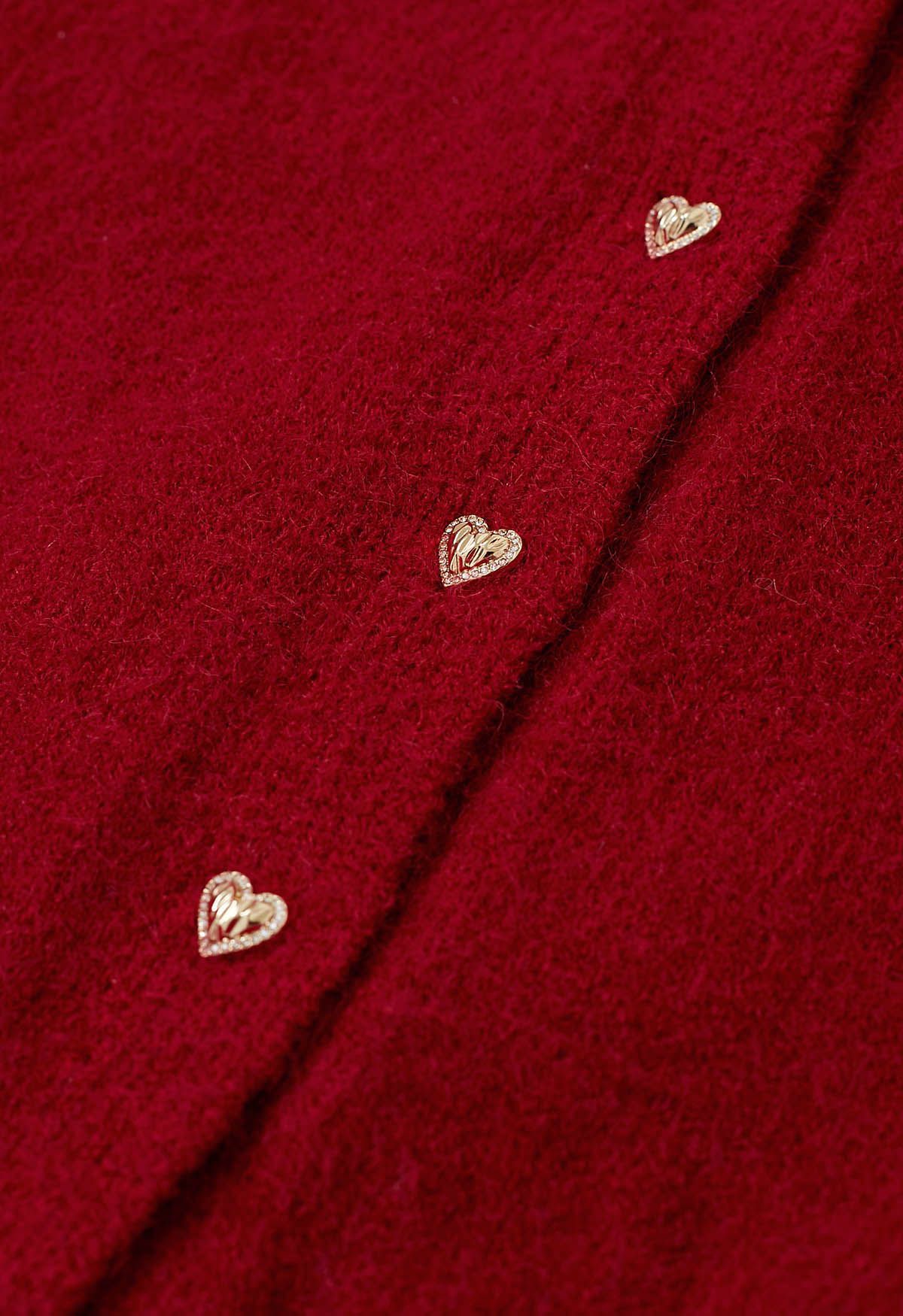 Embroidered Eyelet Bowknot Heart Button Fuzzy Knit Cardigan in Red