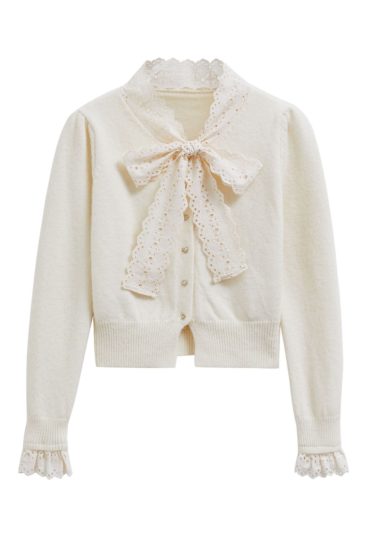 Embroidered Eyelet Bowknot Heart Button Fuzzy Knit Cardigan in Cream