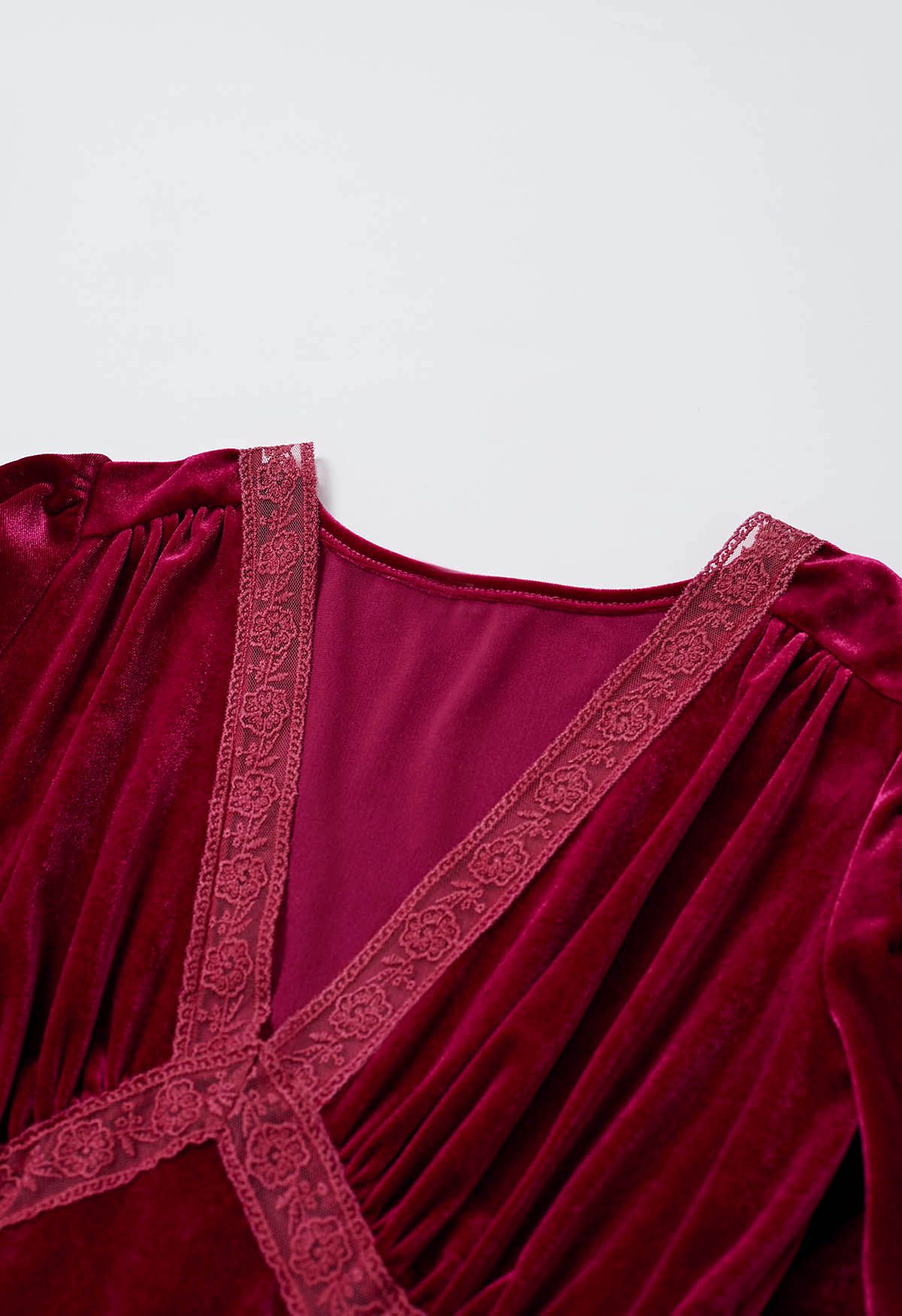 V-Neck Flutter Sleeve Velvet Dress in Red