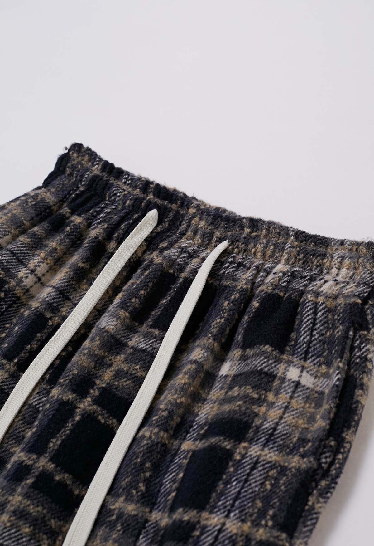 Plaid Wool-Blend Straight-Leg Pants in Black