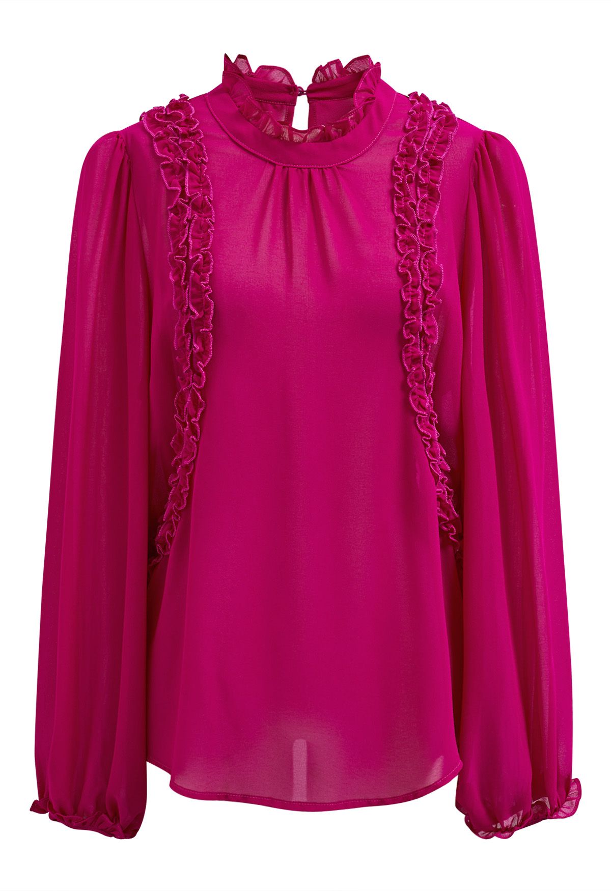 Ruffle Adorned Bubble Sleeves Chiffon Top in Hot Pink