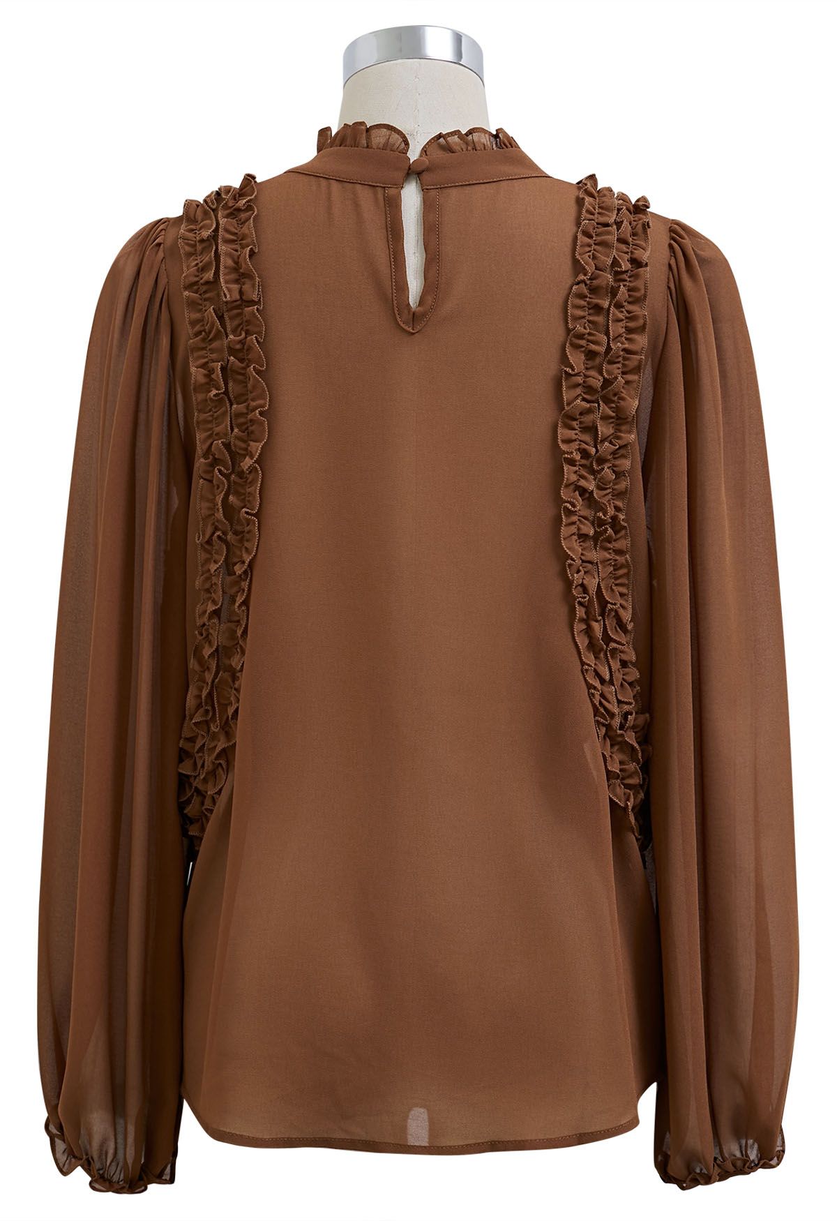 Ruffle Adorned Bubble Sleeves Chiffon Top in Caramel - Retro, Indie and ...