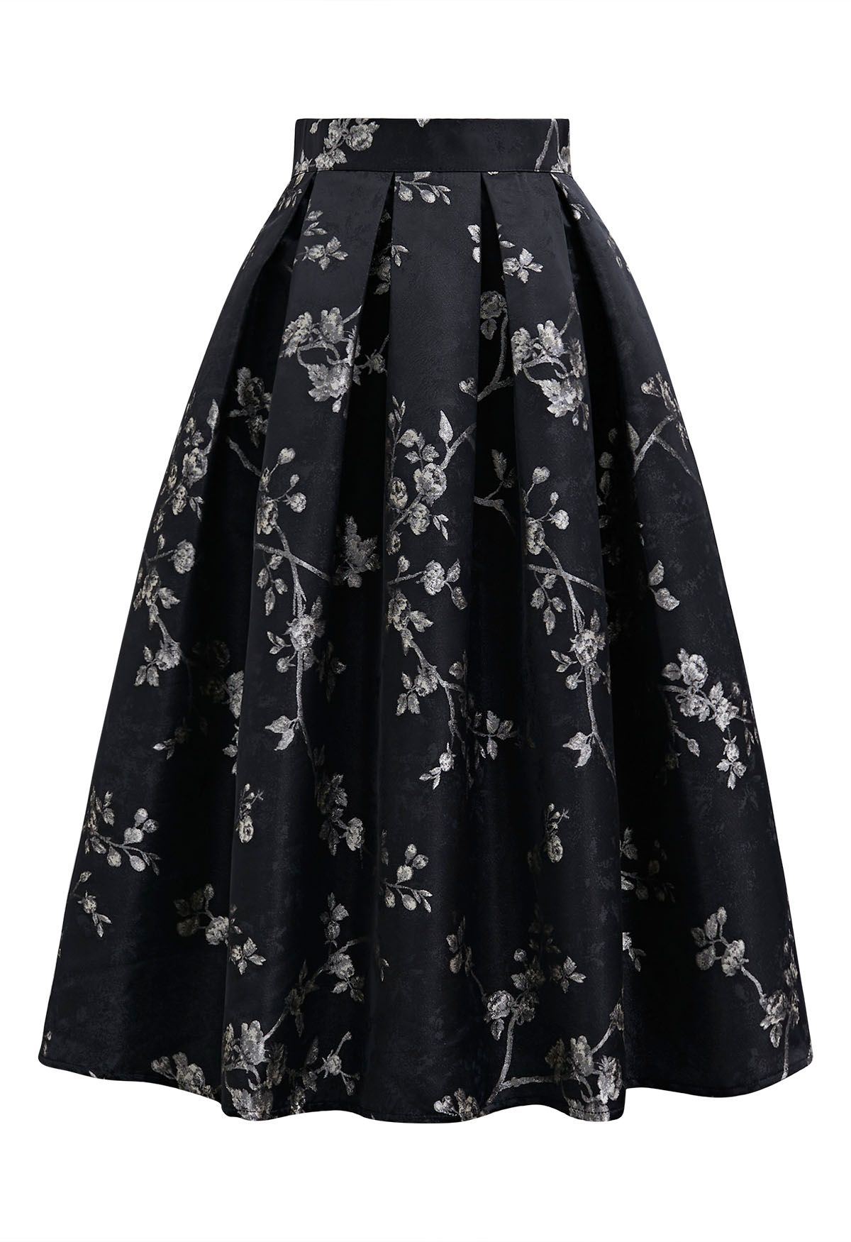 Floral Branch Jacquard Pleated Midi Skirt