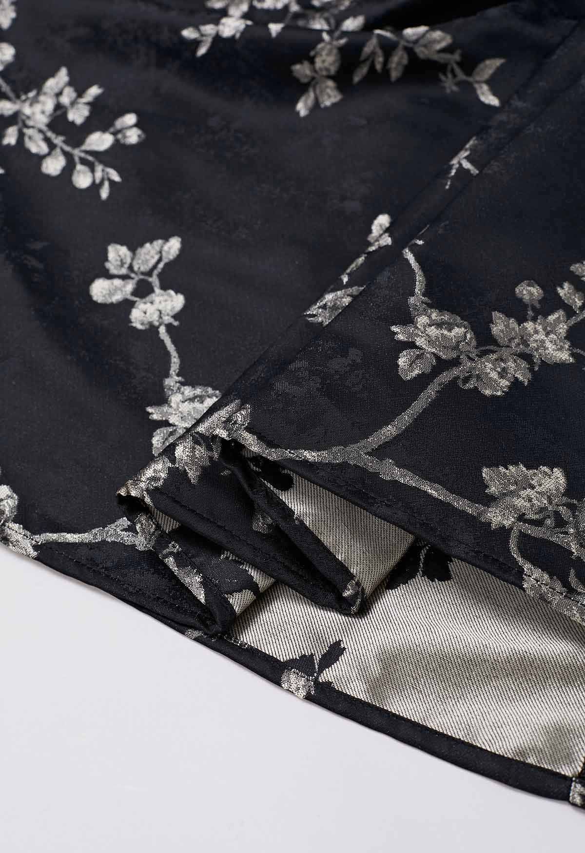 Retrobird Woven Fabric Zippered Underwear Floral Patterned Black Mini Slit  Women's Skirt