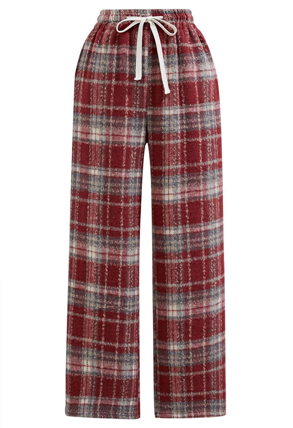 Plaid Wool-Blend Straight-Leg Pants in Red