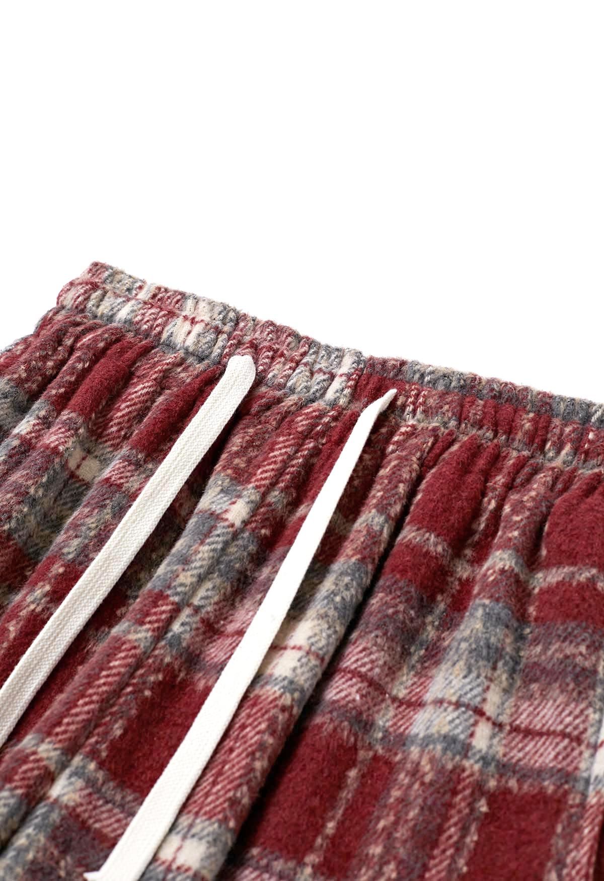 Plaid Wool-Blend Straight-Leg Pants in Red