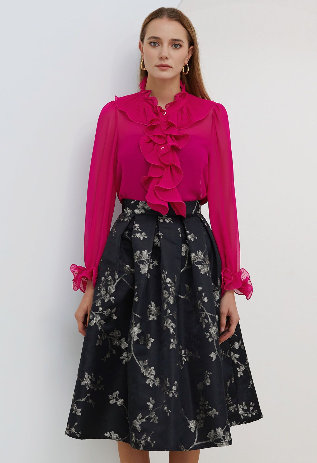 Floral Branch Jacquard Pleated Midi Skirt - Retro, Indie and Unique Fashion