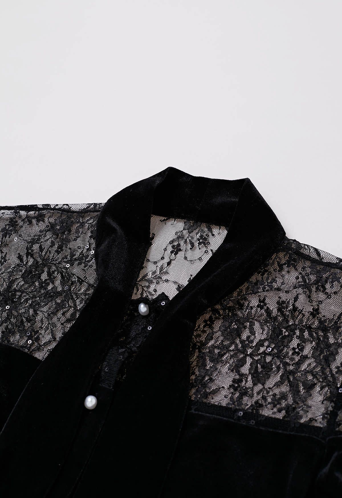 Floral Lace Spliced Bowknot Velvet Shirt in Black - Retro, Indie and ...