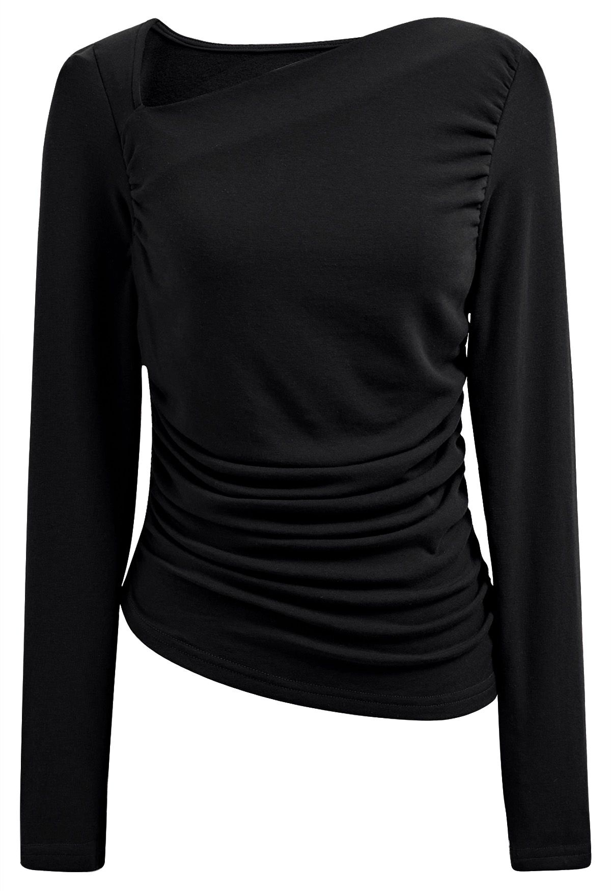 Asymmetric Neck Ruched Long Sleeve Top in Black - Retro, Indie and ...