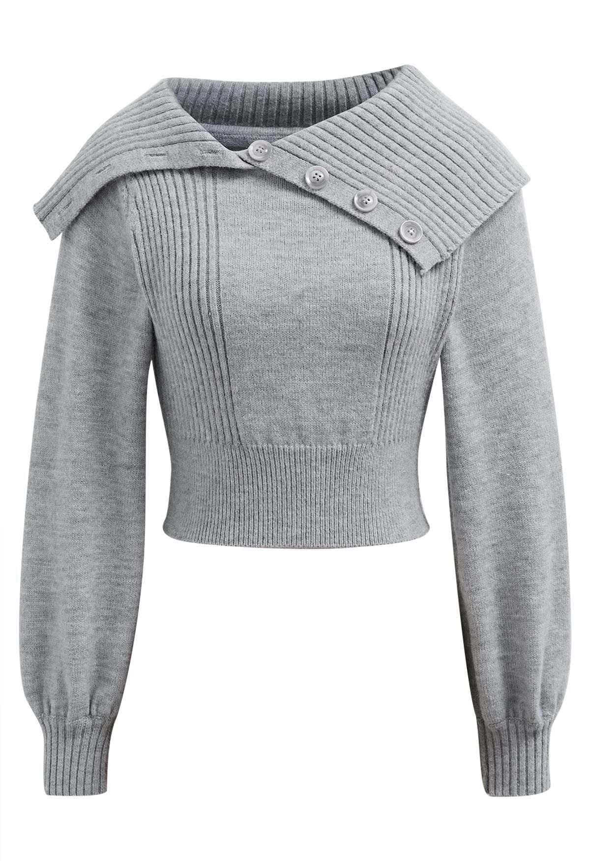 Flap Buttoned Collar Knit Crop Top in Grey