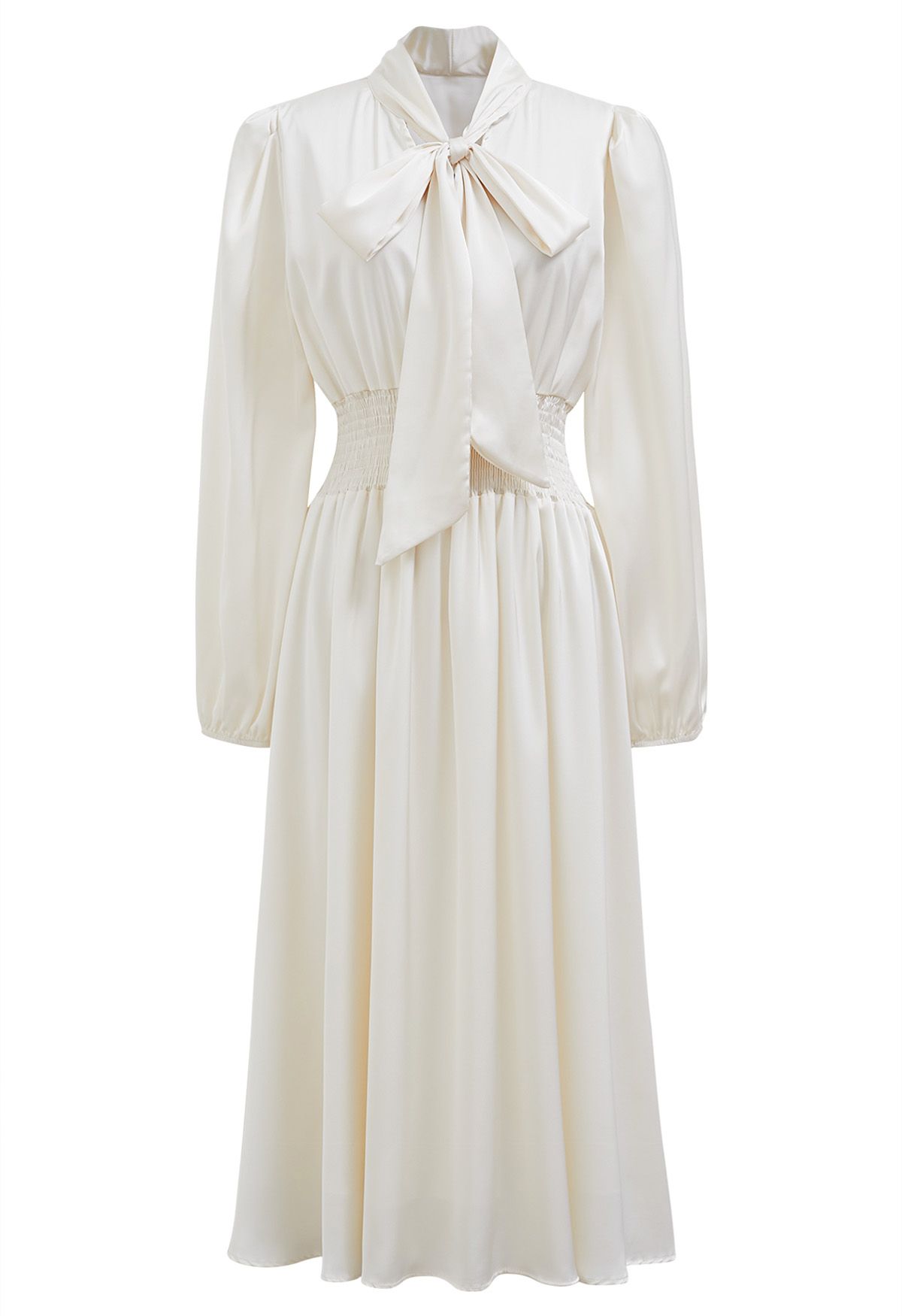 Bowknot Shirred Waist Satin Midi Dress in Ivory