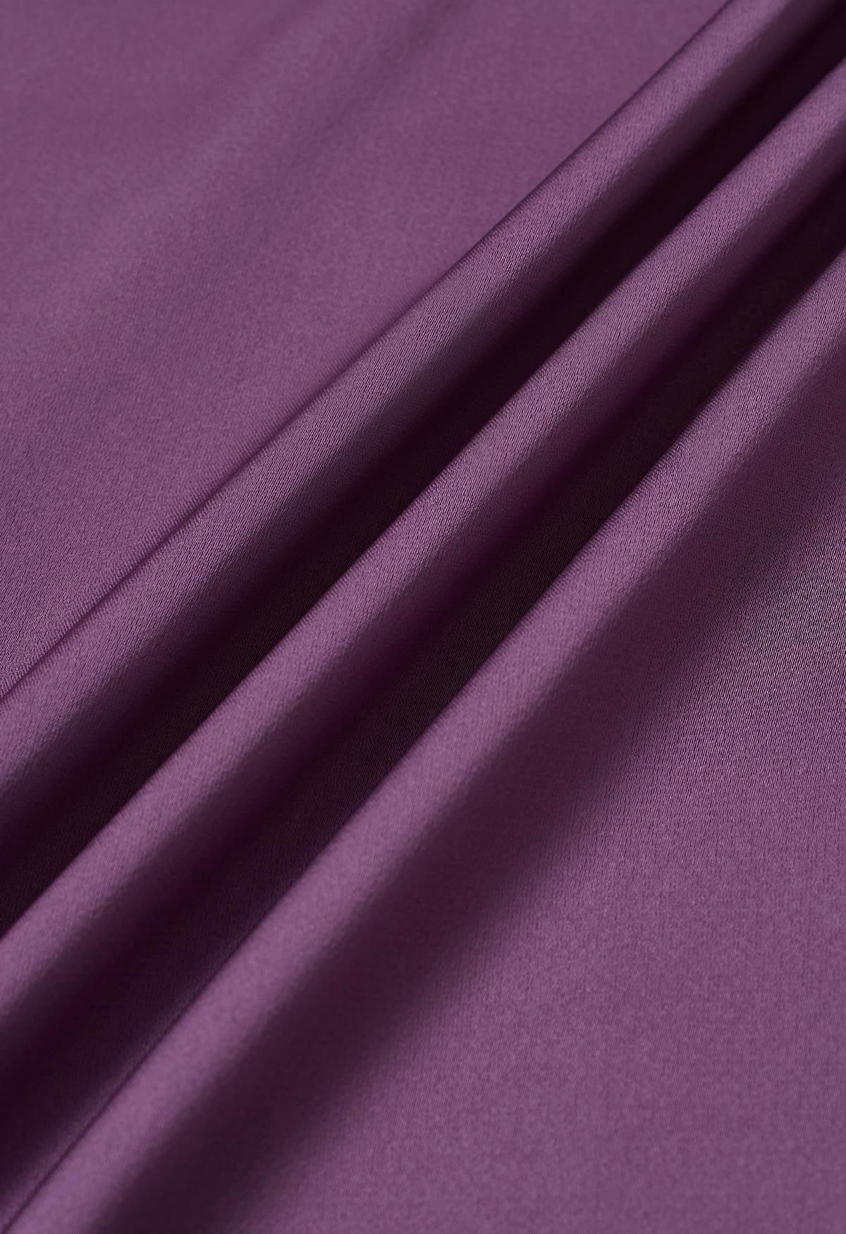 Bowknot Shirred Waist Satin Midi Dress in Purple