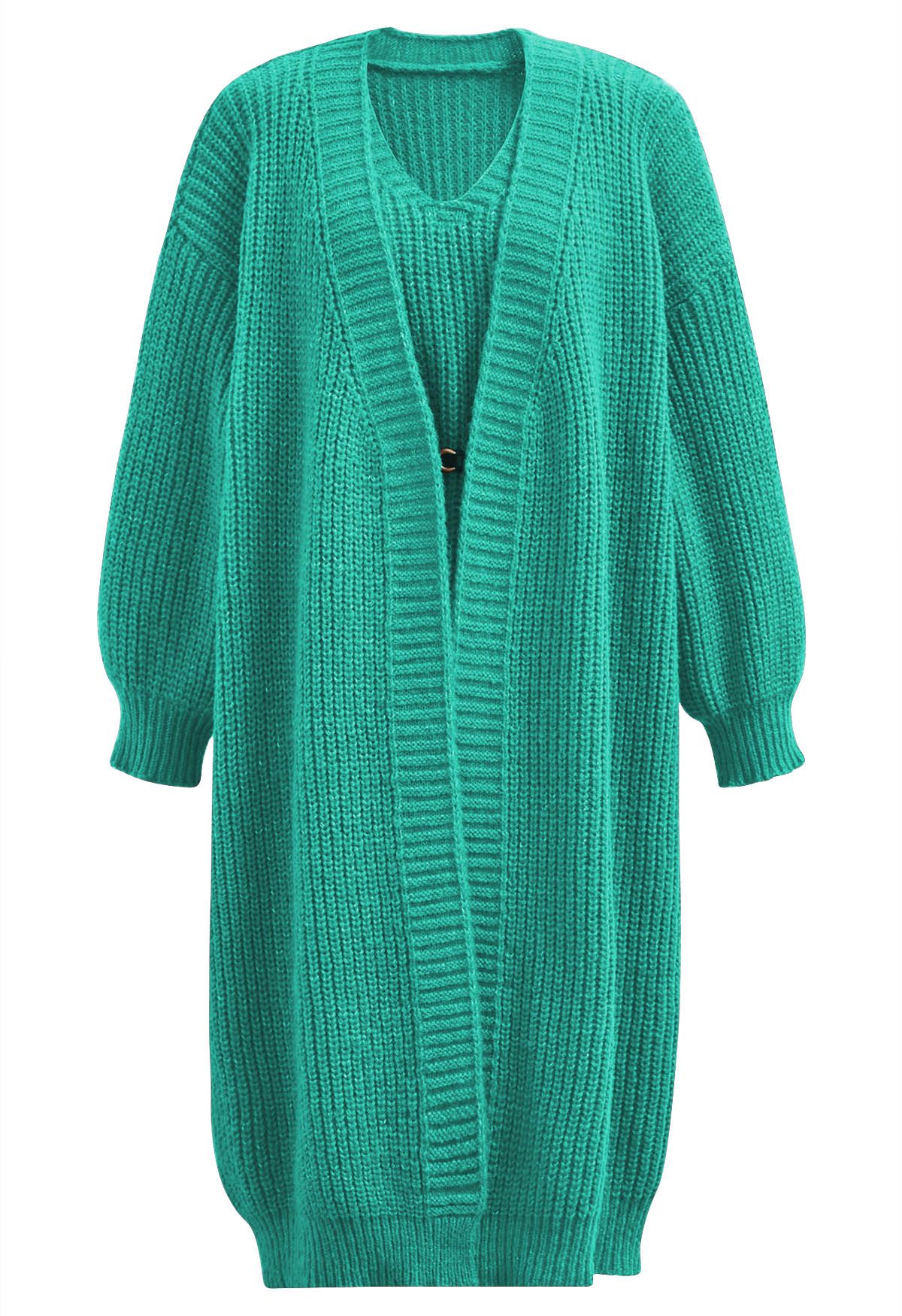 Effortless V-Neck Sleeveless Knit Dress and Longline Cardigan Set in Turquoise