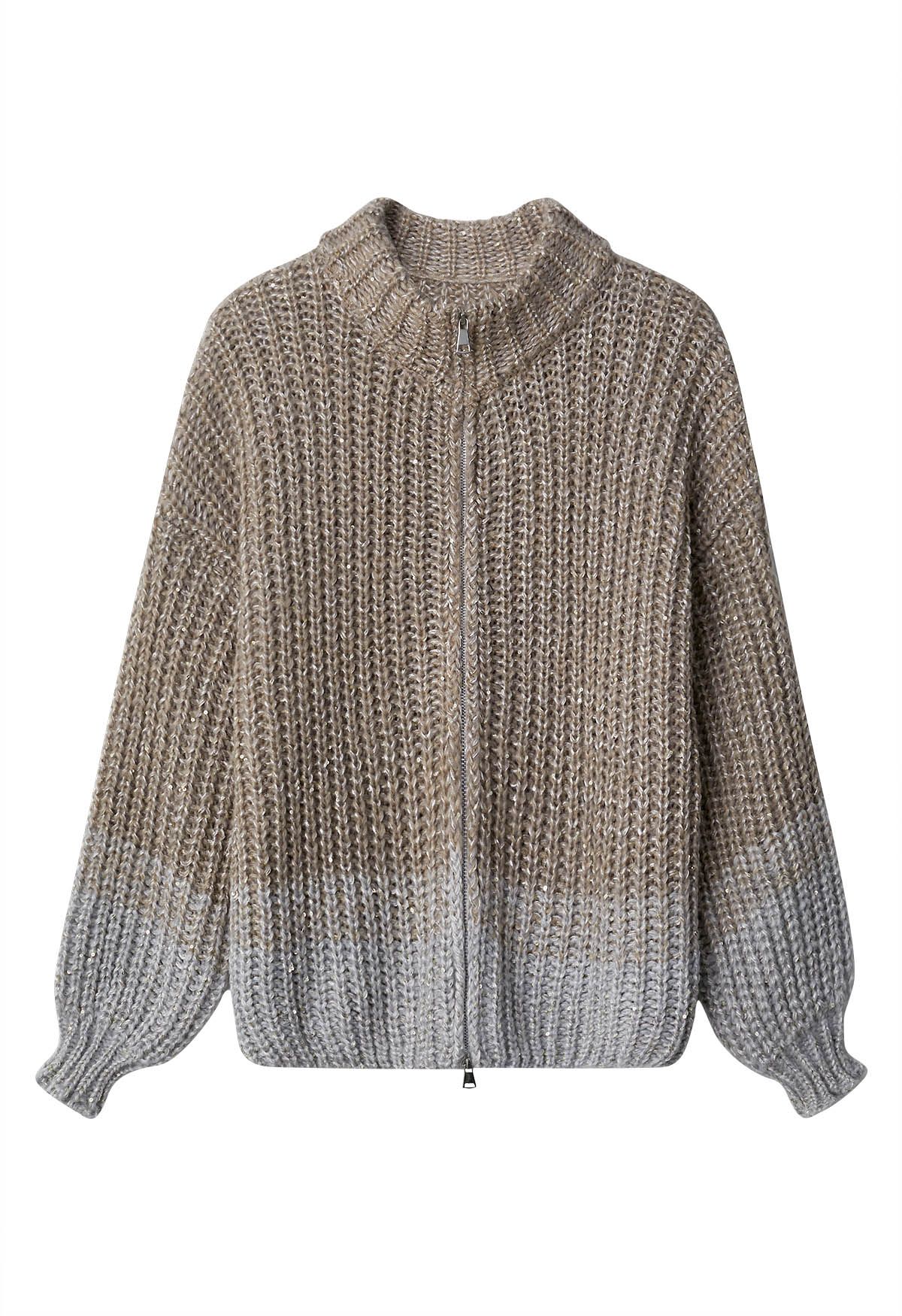 Two-Tone Sequin Chunky Knit Zip Up Cardigan in Khaki