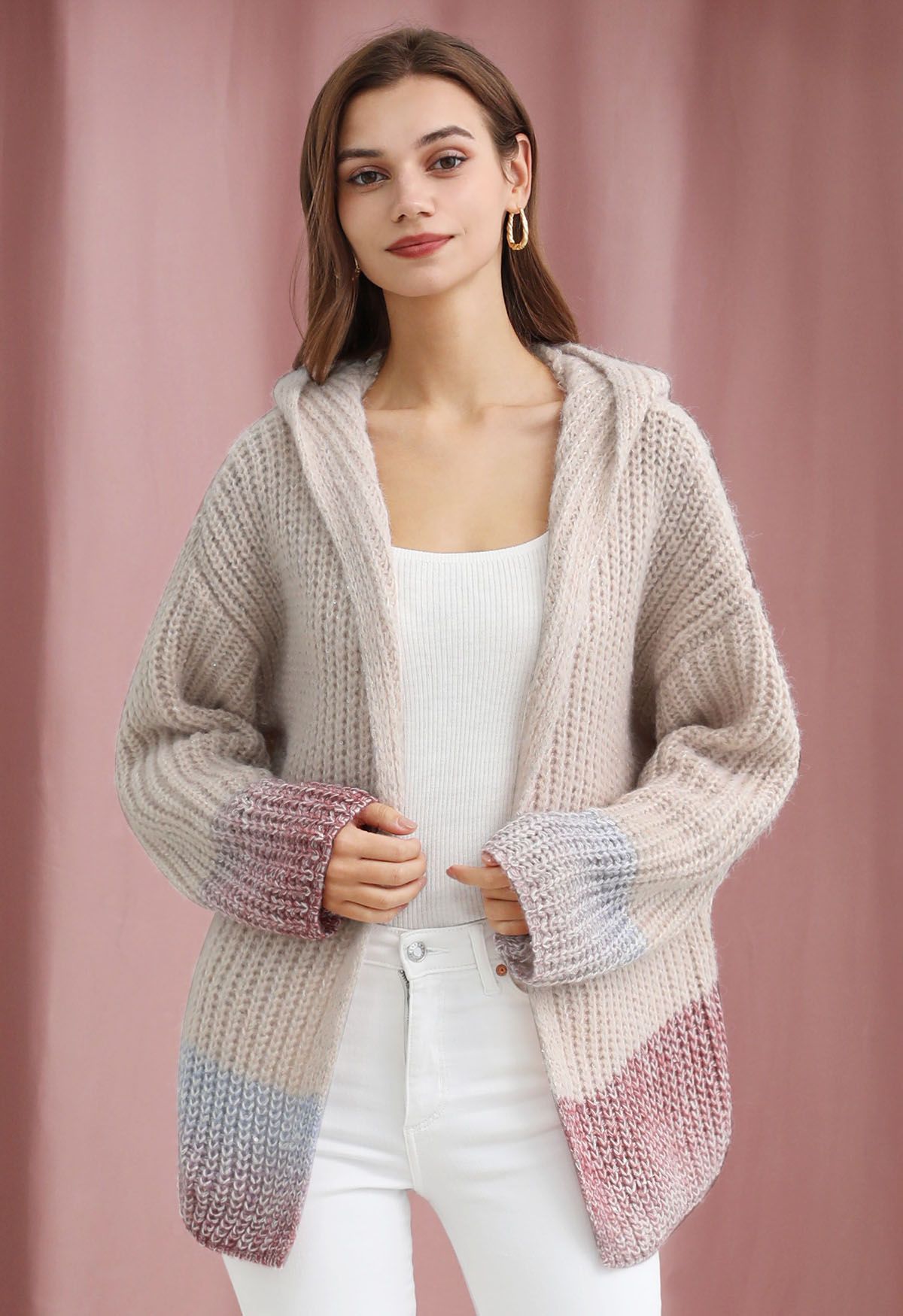 Gradient Pink Sequin Open Front Hooded Knit Cardigan - Retro, Indie and  Unique Fashion