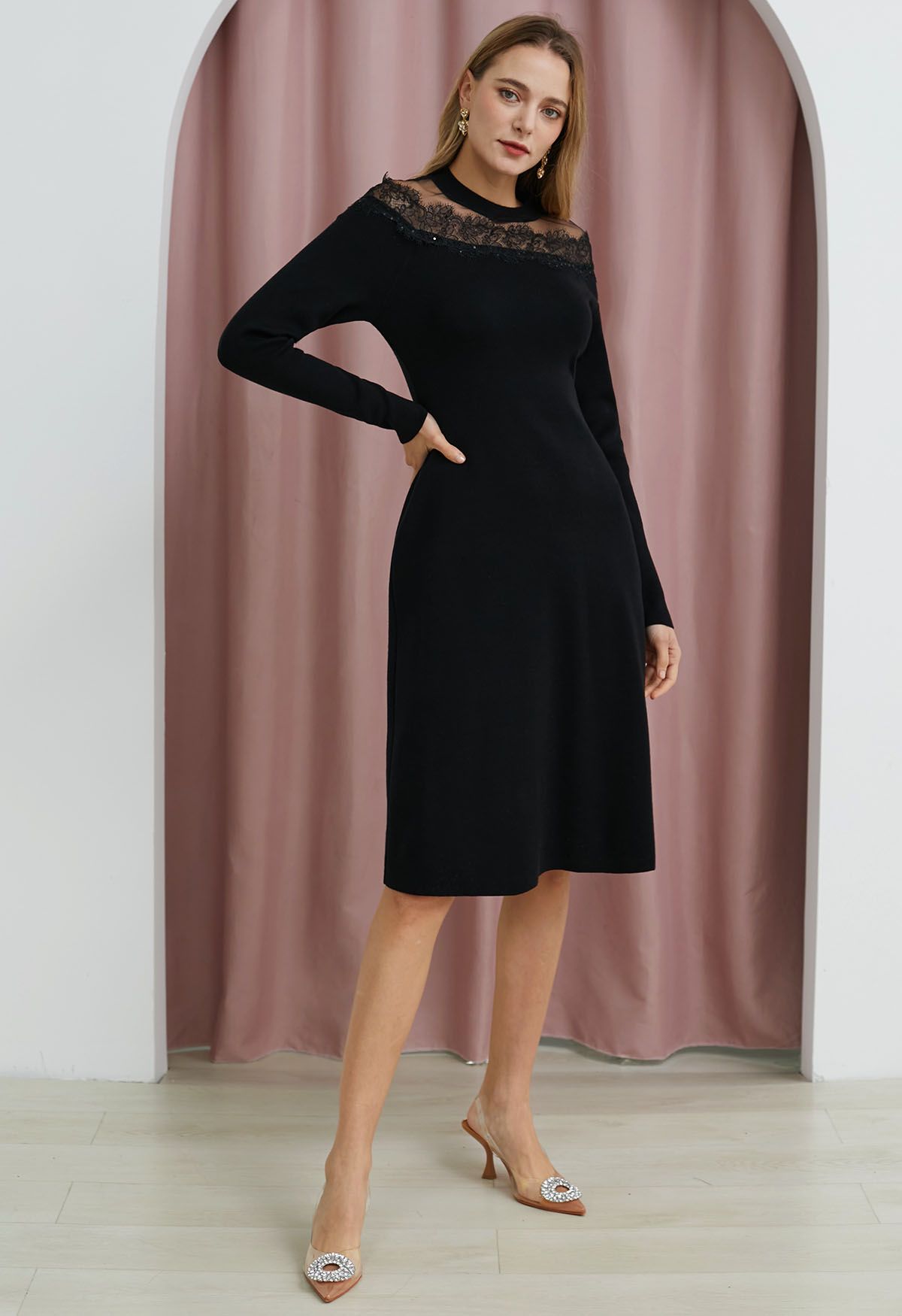 Lacy Mesh Spliced Knit Midi Dress in Black