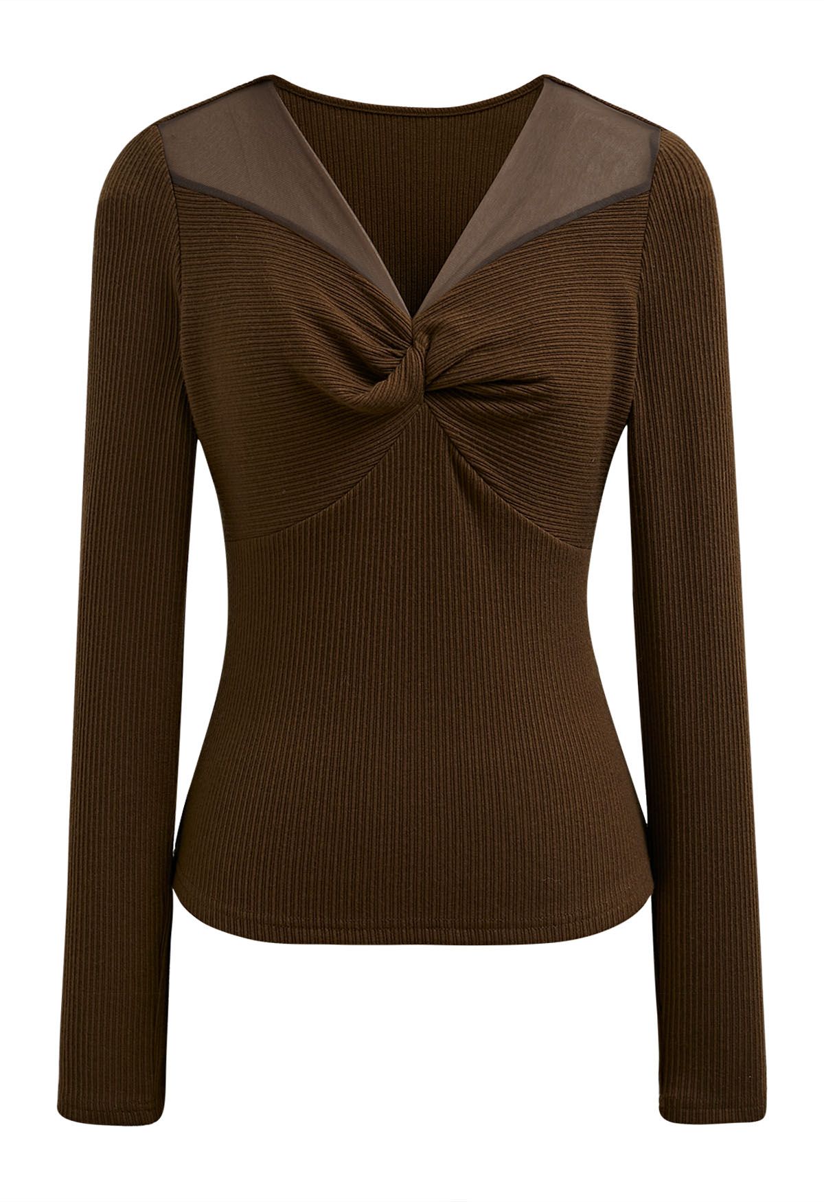 Twisted Mesh Spliced Knit Top in Brown