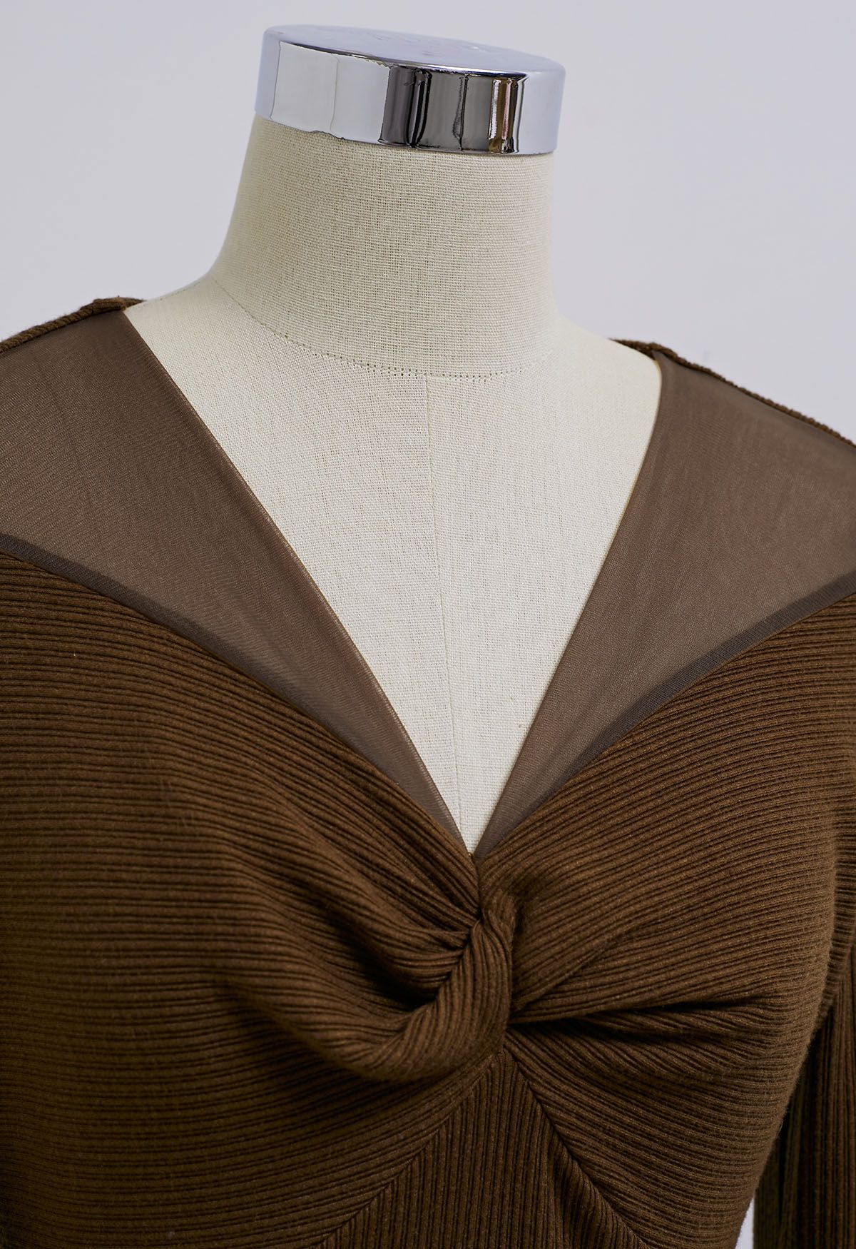 Twisted Mesh Spliced Knit Top in Brown