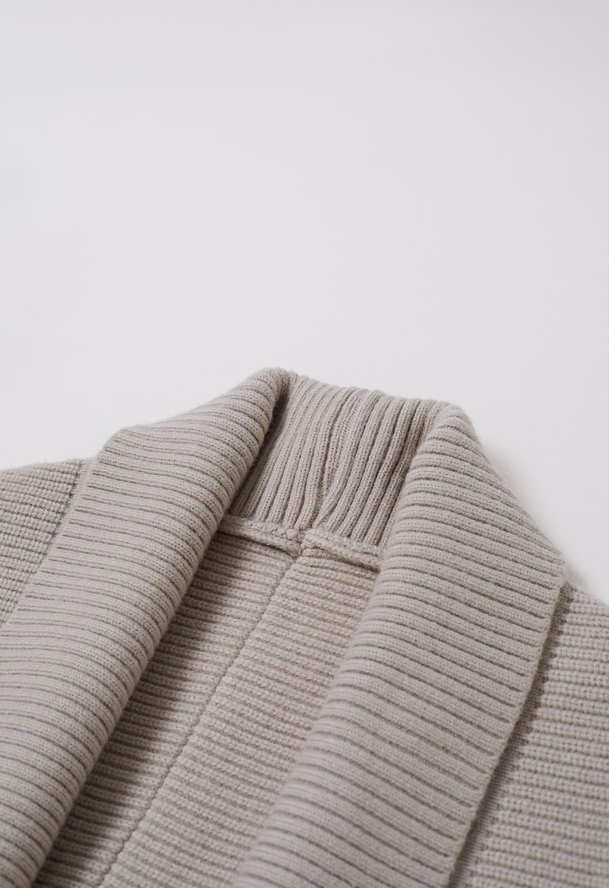 Shawl Collar Ribbed Knit Cardigan in Taupe