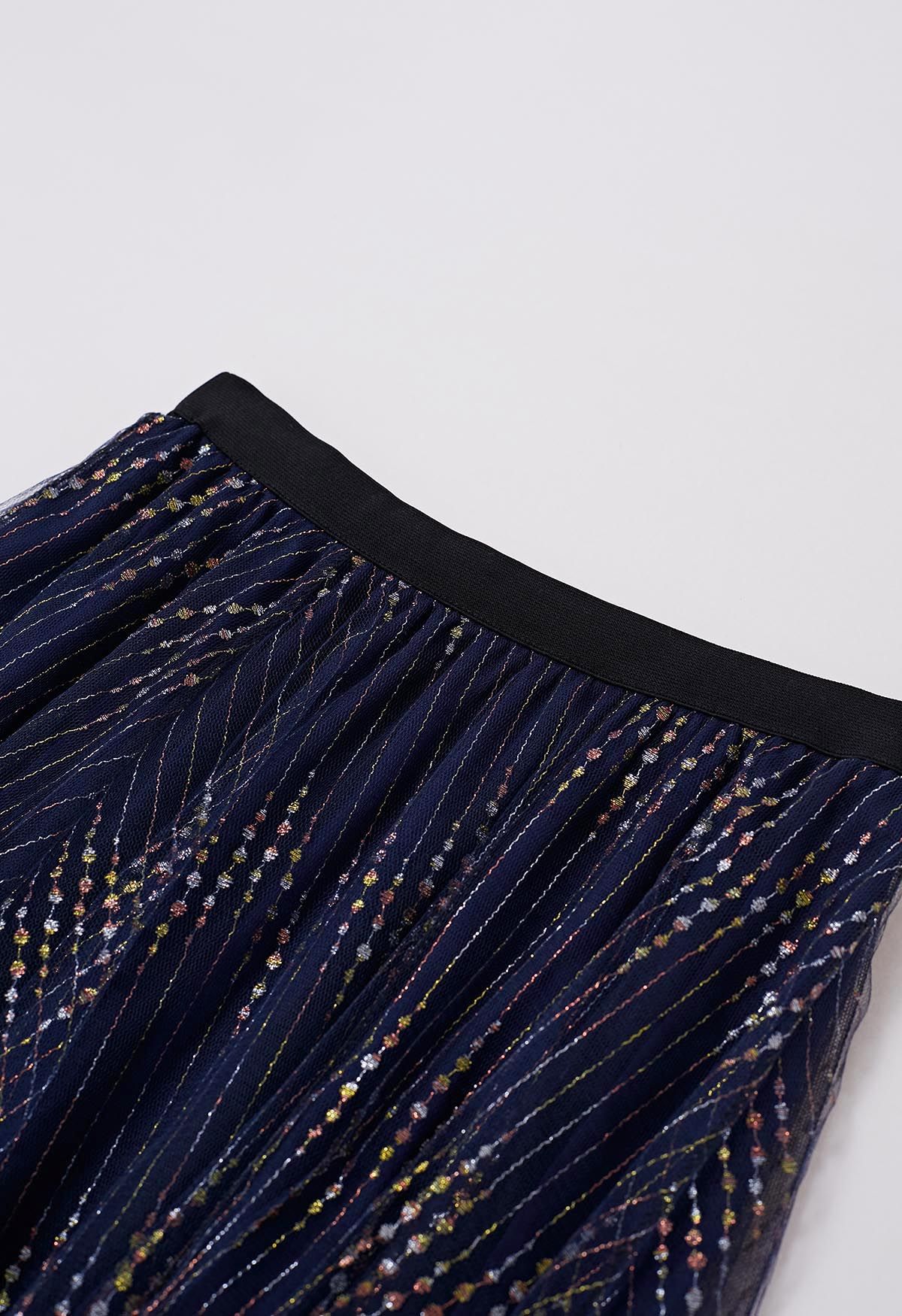 Glitter Thread Embroidery Mesh Tulle Maxi Skirt in Navy