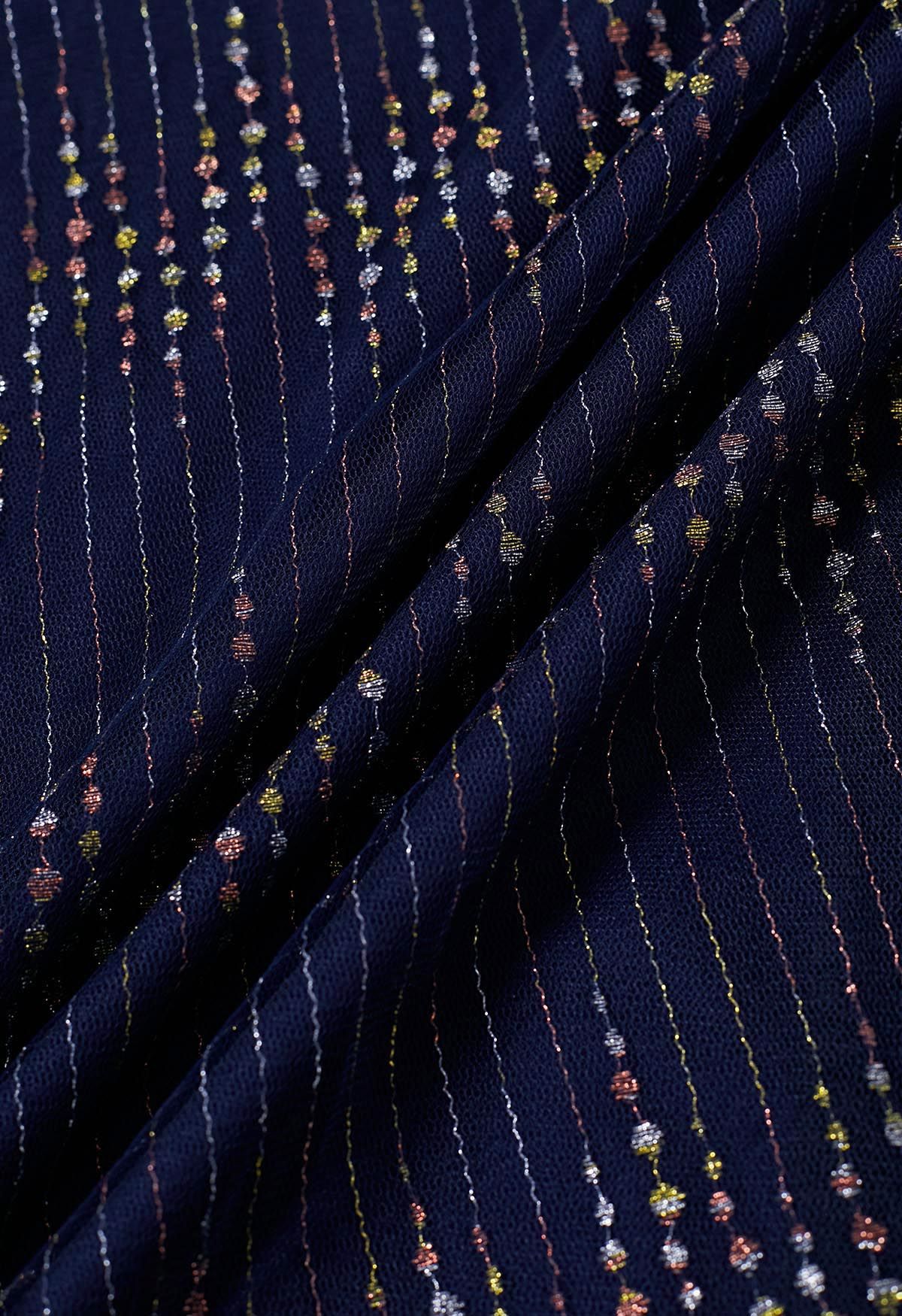 Glitter Thread Embroidery Mesh Tulle Maxi Skirt in Navy