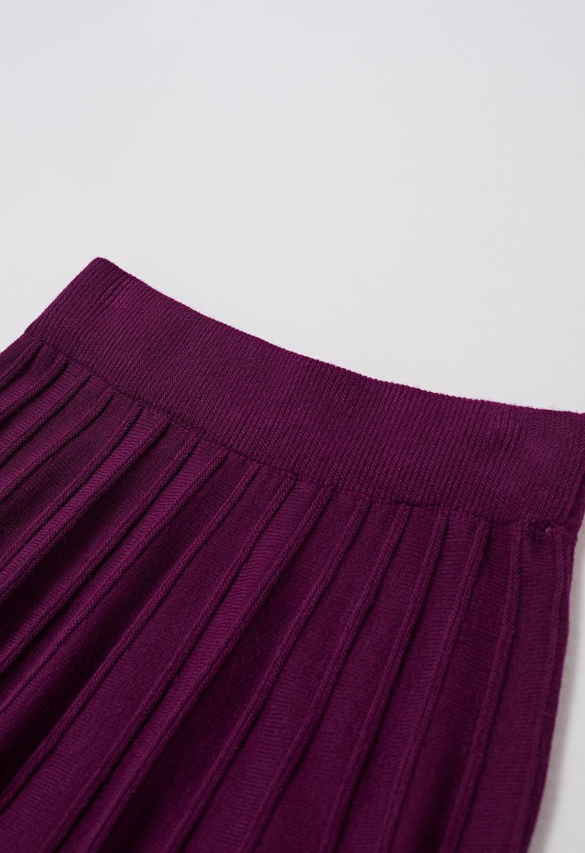 Silver Bead Embellished Seam Knit Midi Skirt in Purple