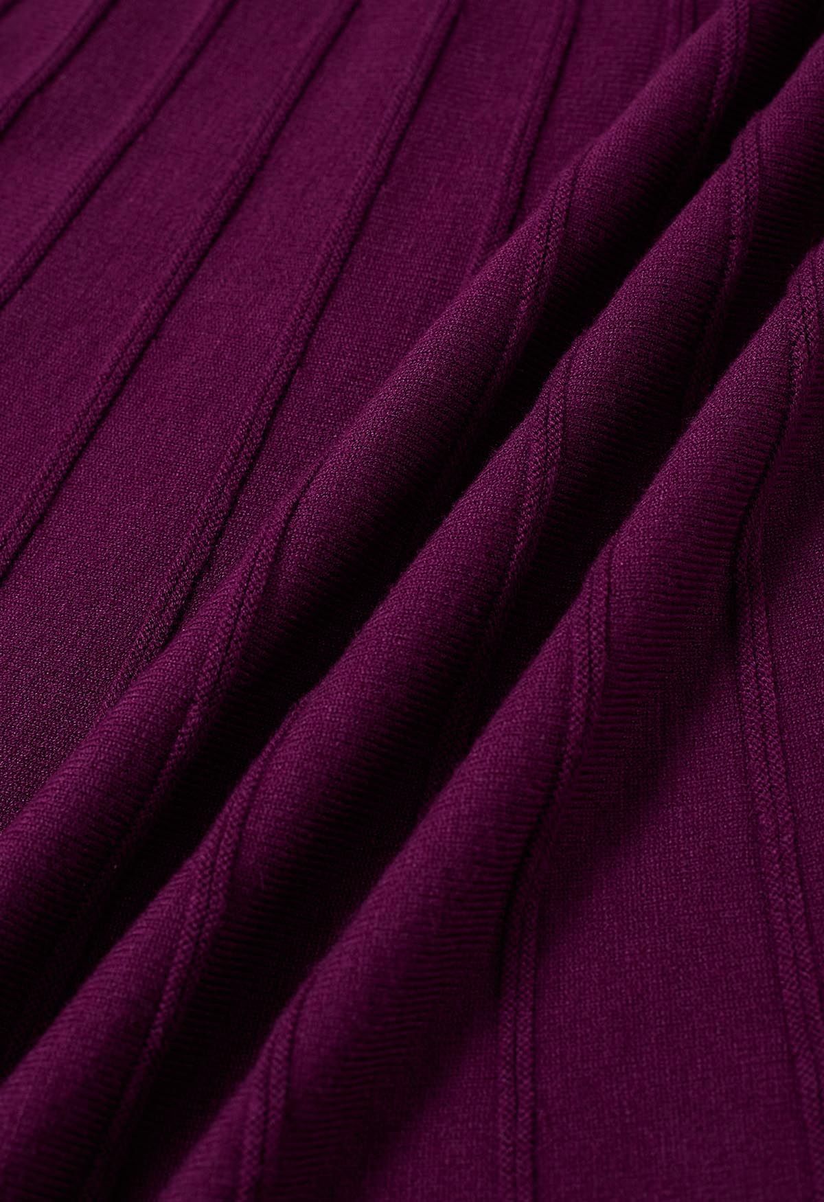 Silver Bead Embellished Seam Knit Midi Skirt in Purple