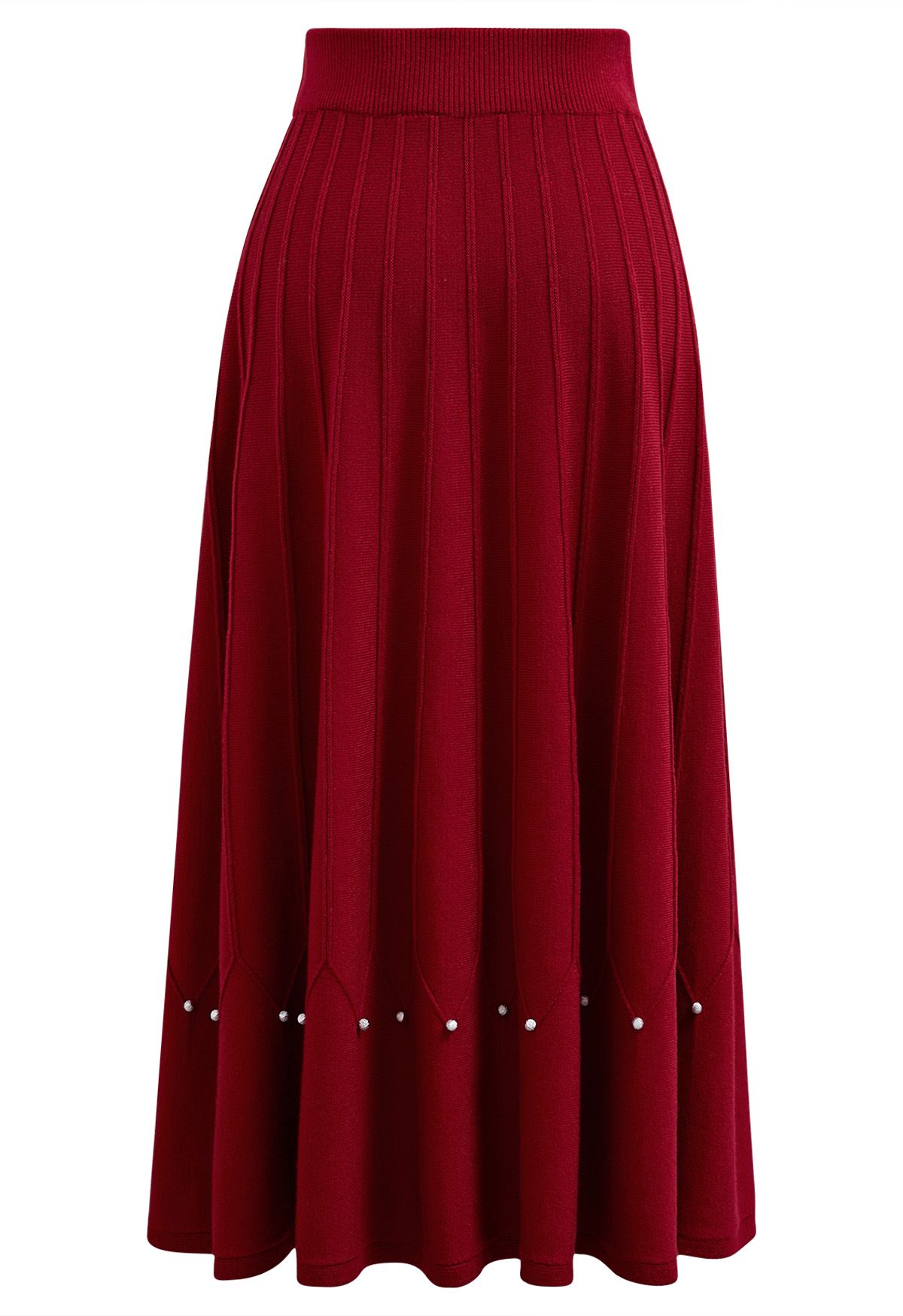 Silver Bead Embellished Seam Knit Midi Skirt in Red
