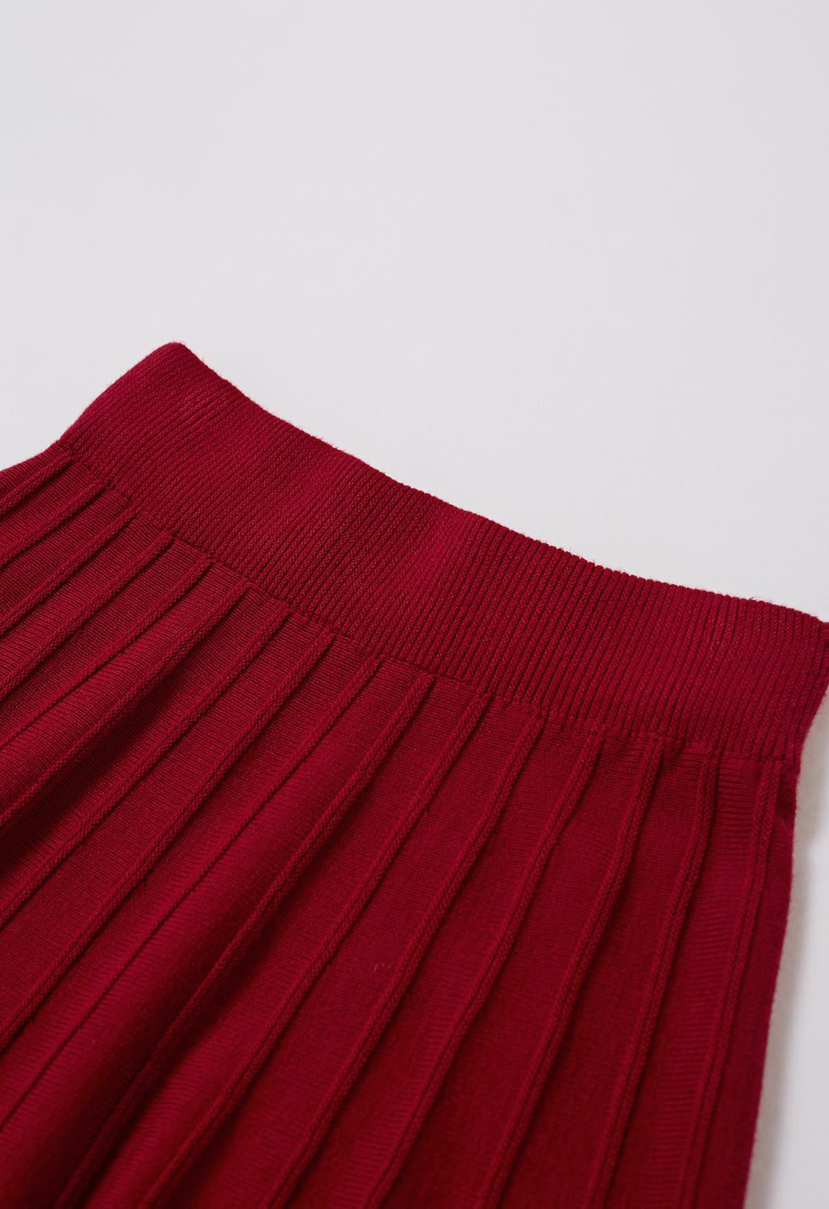 Silver Bead Embellished Seam Knit Midi Skirt in Red