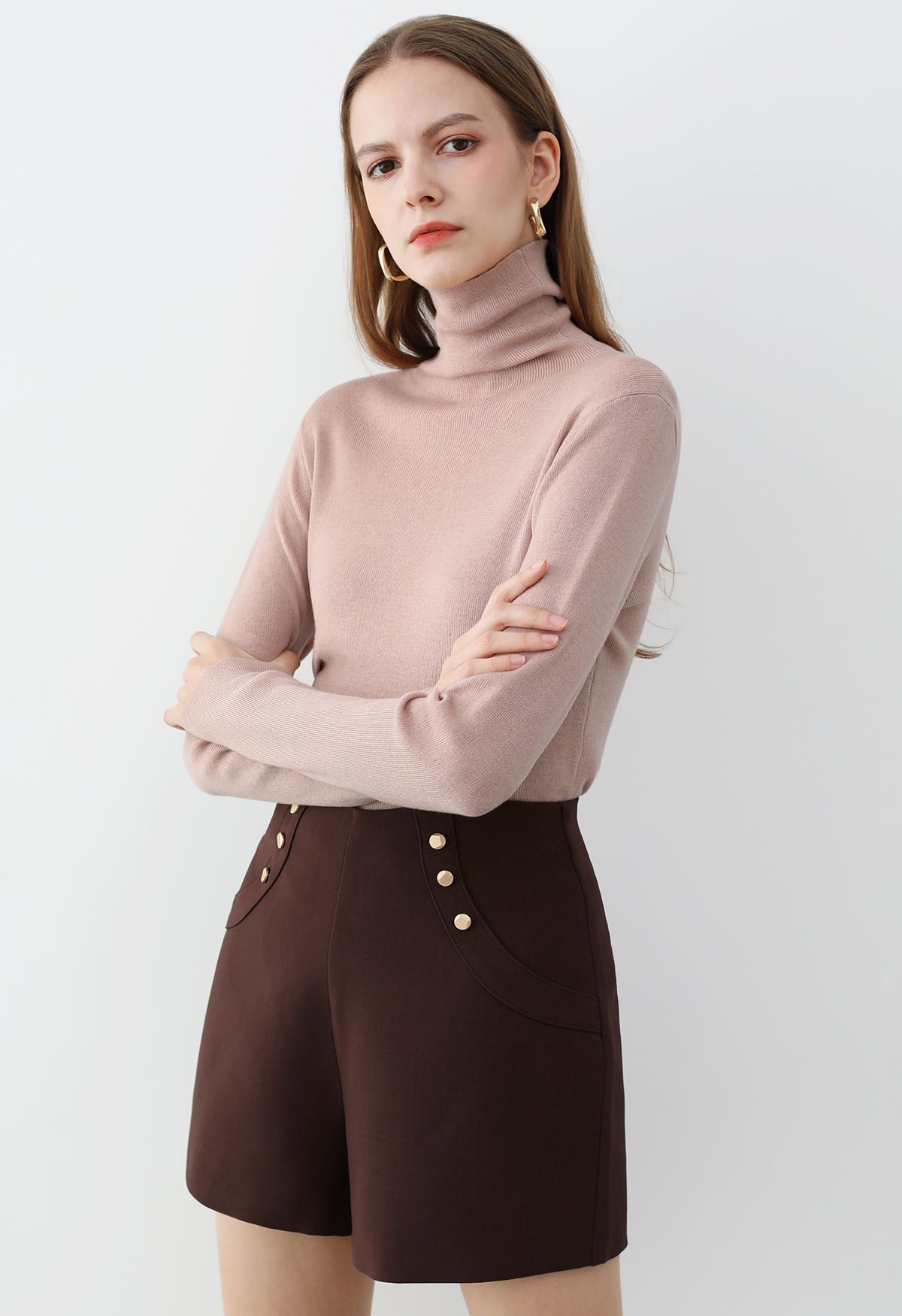 Side Pleat High Neck Ribbed Knit Top in Pink