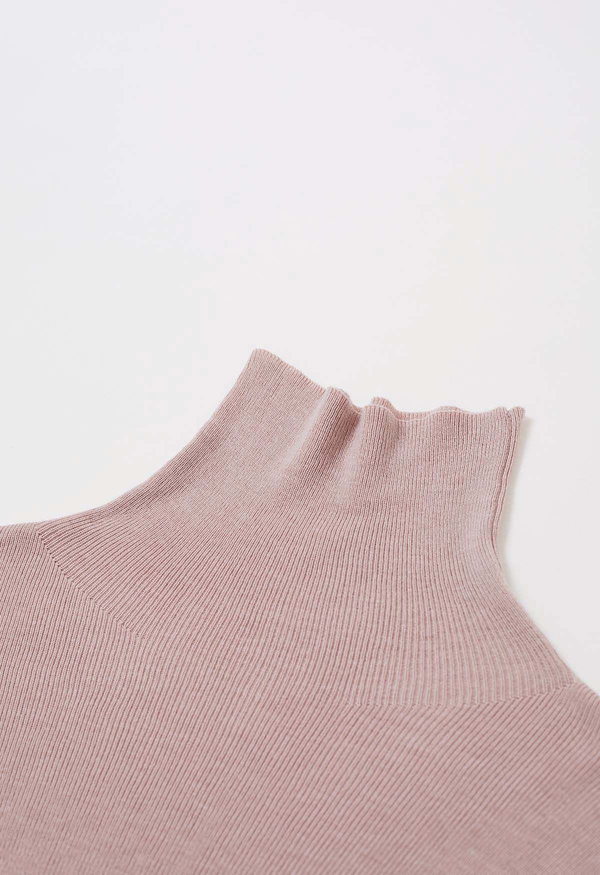 Side Pleat High Neck Ribbed Knit Top in Pink