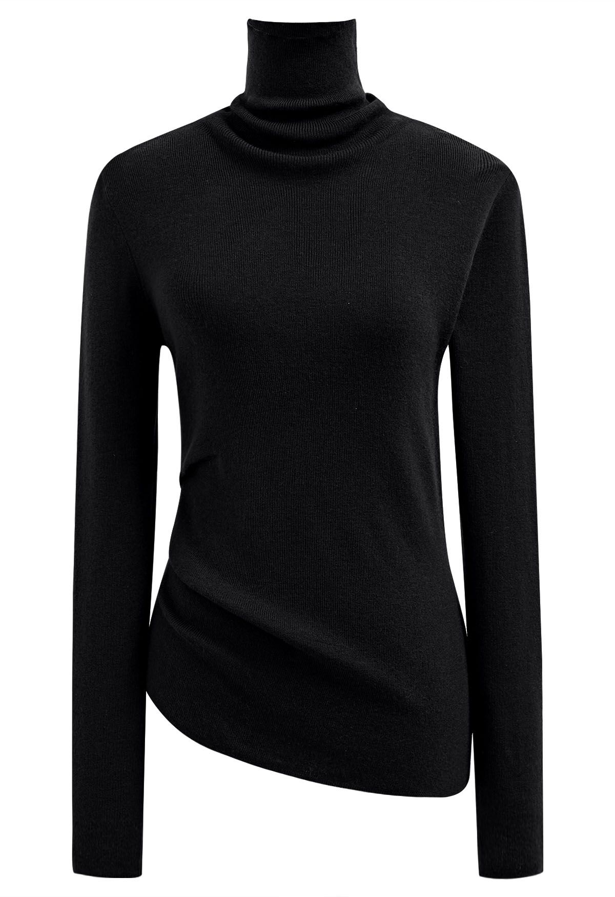 Side Pleat High Neck Ribbed Knit Top in Black