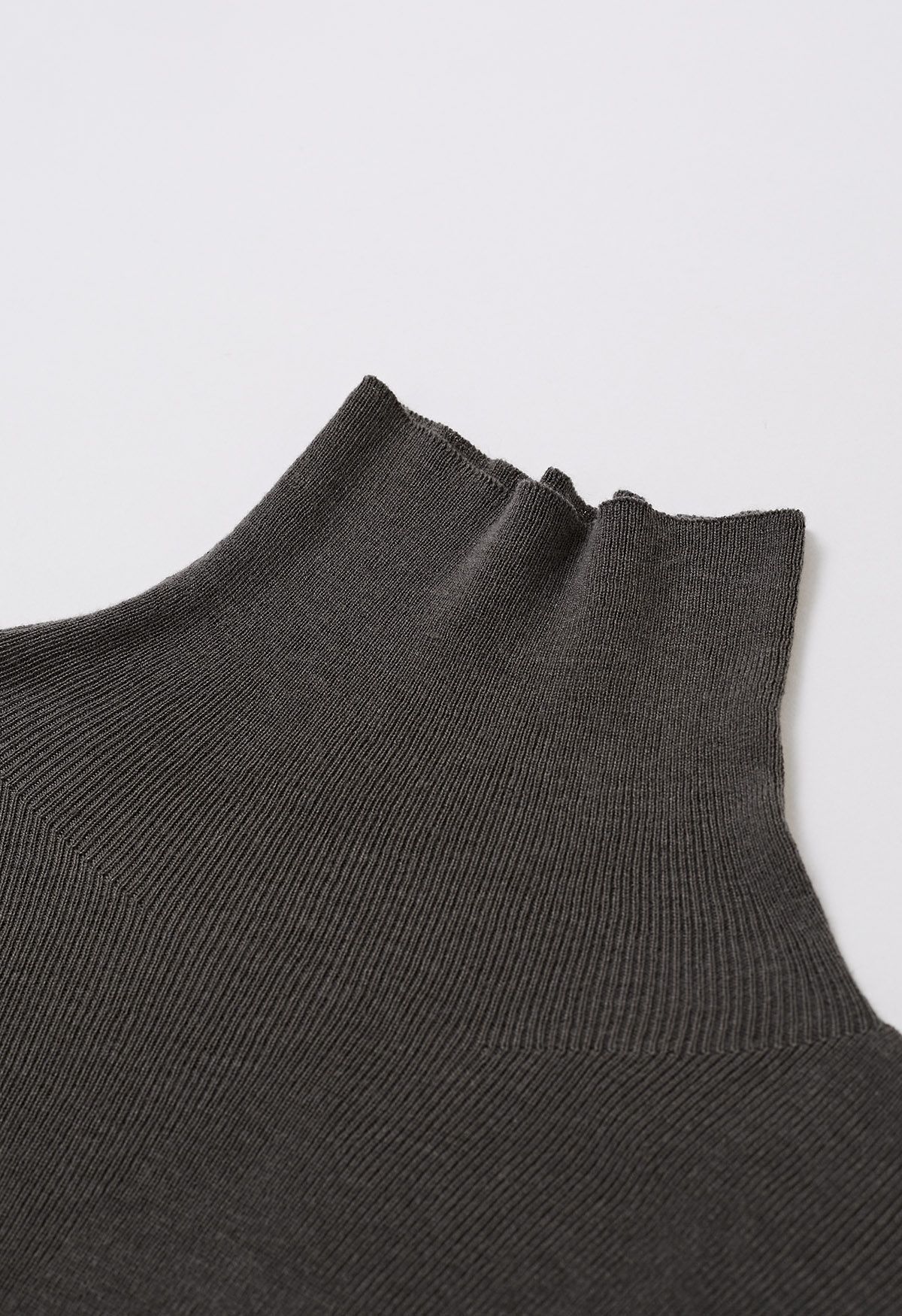 Side Pleat High Neck Ribbed Knit Top in Smoke