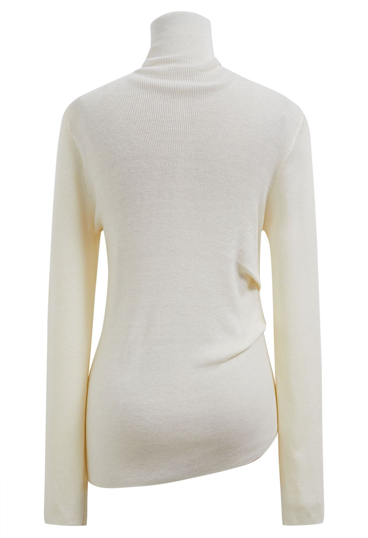 Side Pleat High Neck Ribbed Knit Top in Cream