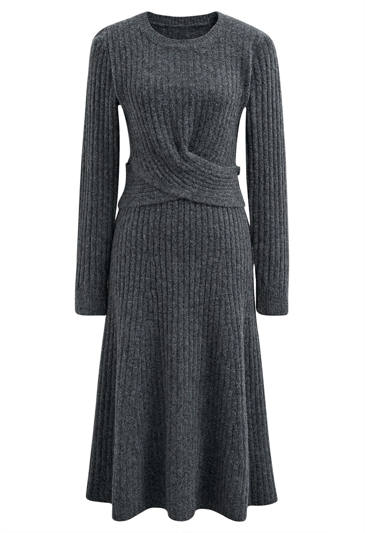 Cross Waist Wool-Blend Top and Skirt Set in Smoke