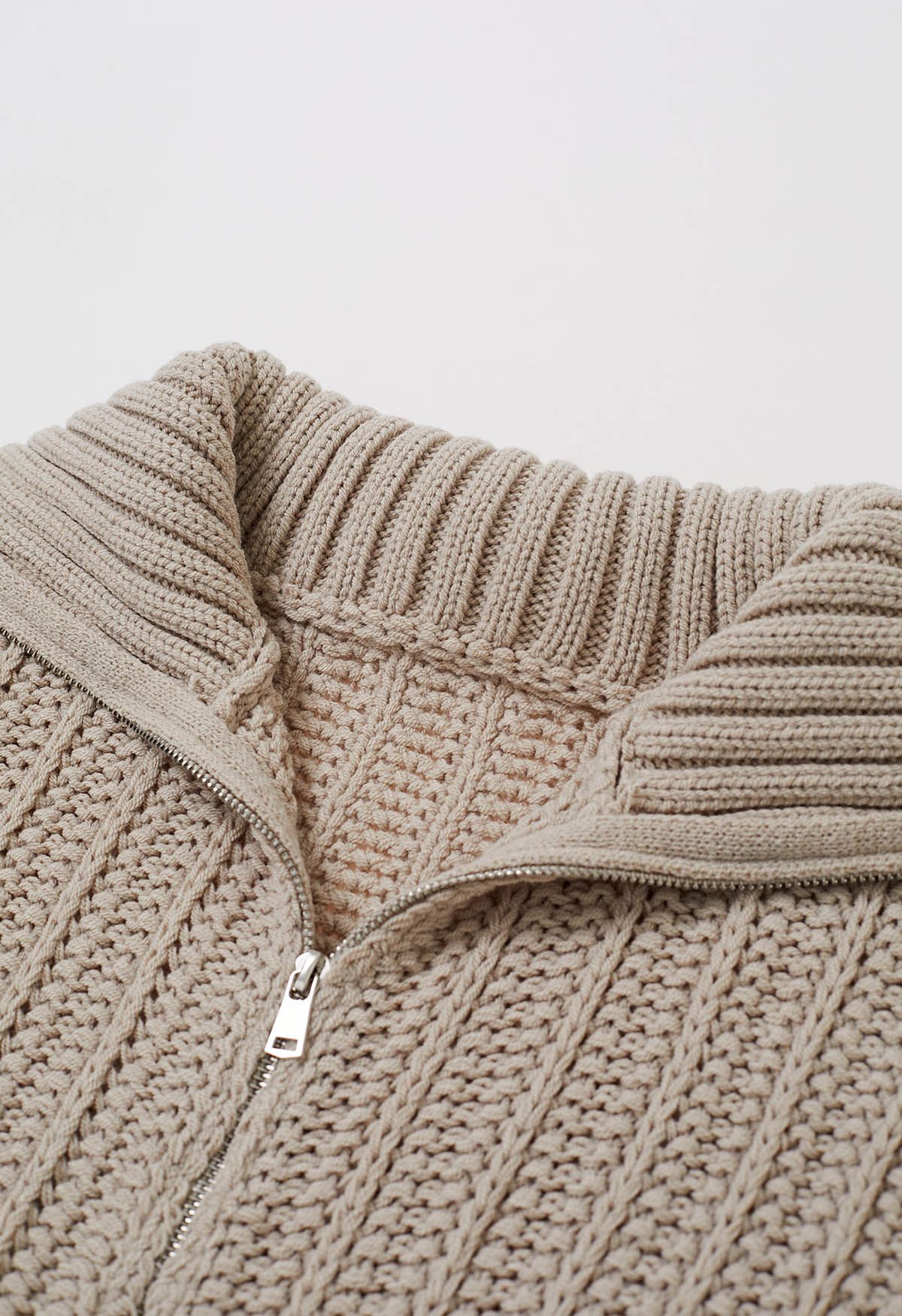 High Neck Chunky Knit Zip Up Cardigan in Khaki - Retro, Indie and ...