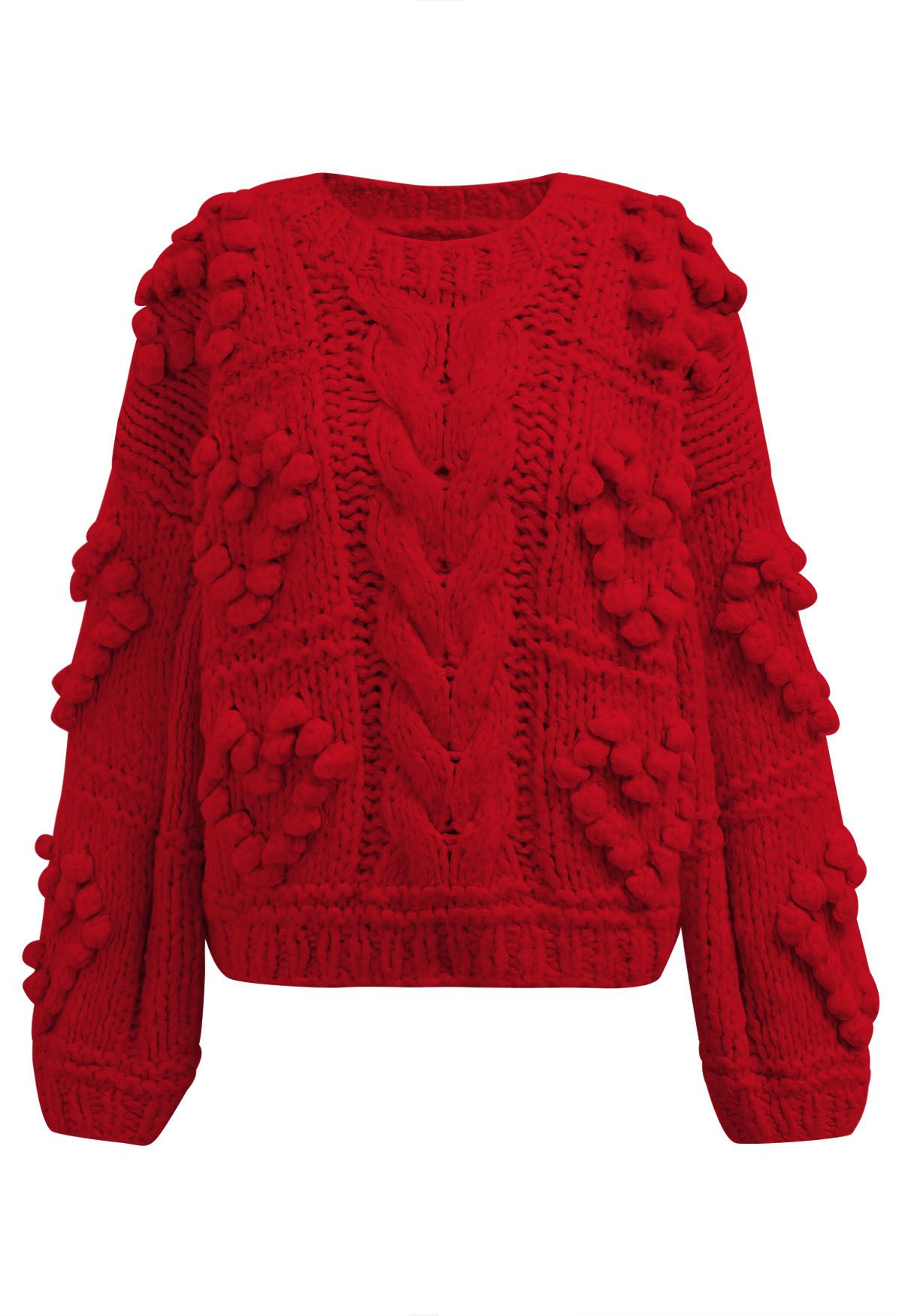 Pom-Pom Heart Braid Hand Knit Sweater in Red