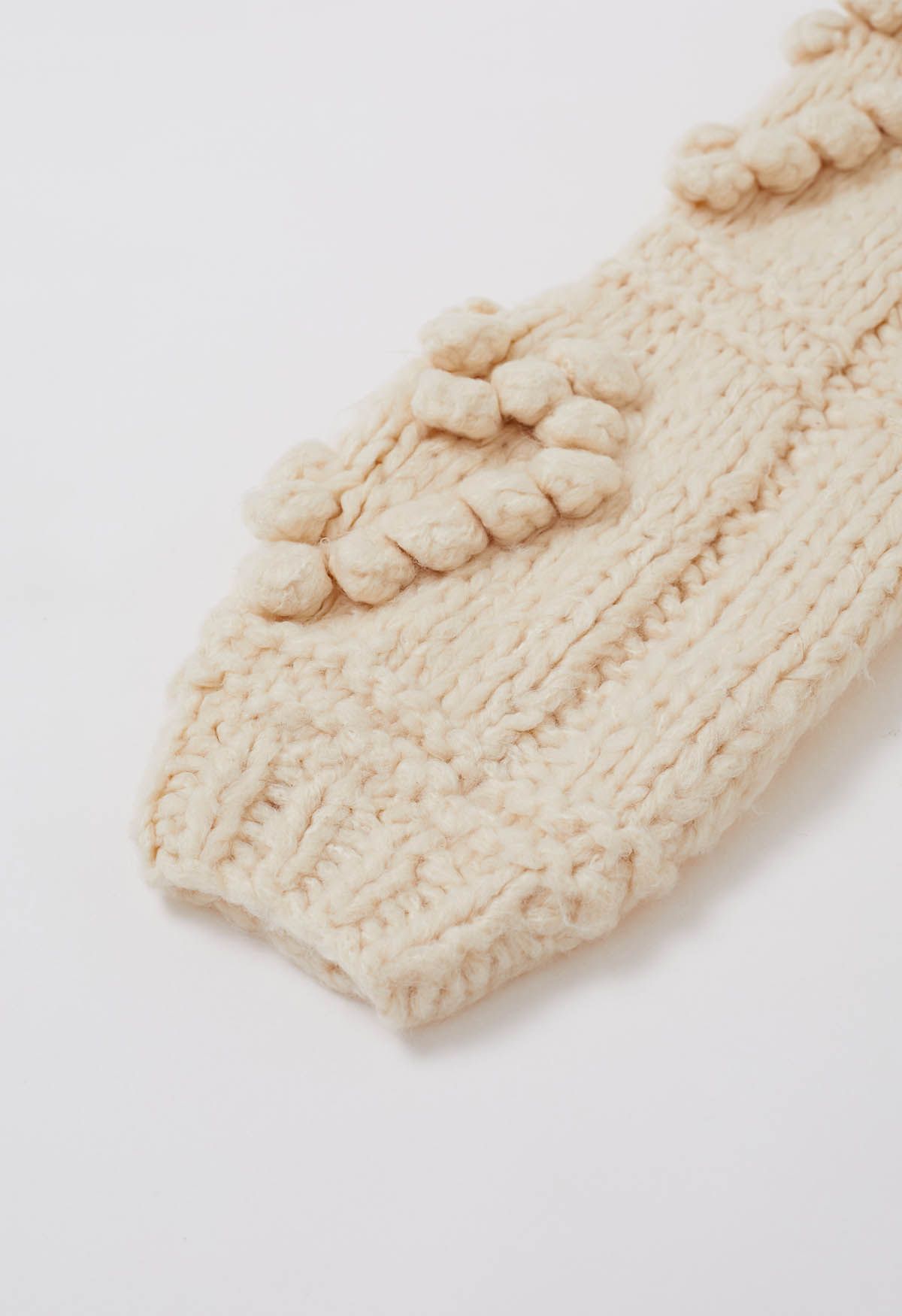 Pom-Pom Heart Braid Hand Knit Sweater in Cream